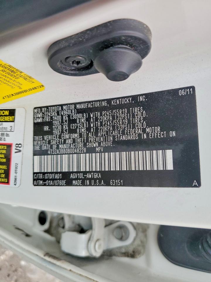 2011 Toyota Venza Fwd 4cyl White vin: 4T3ZA3BB0BU048228