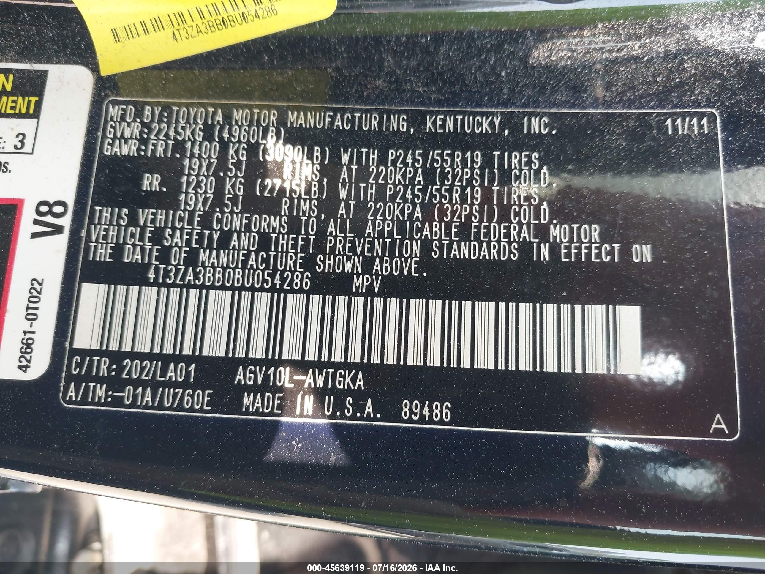 2011 Toyota Venza   Black vin: 4T3ZA3BB0BU054286