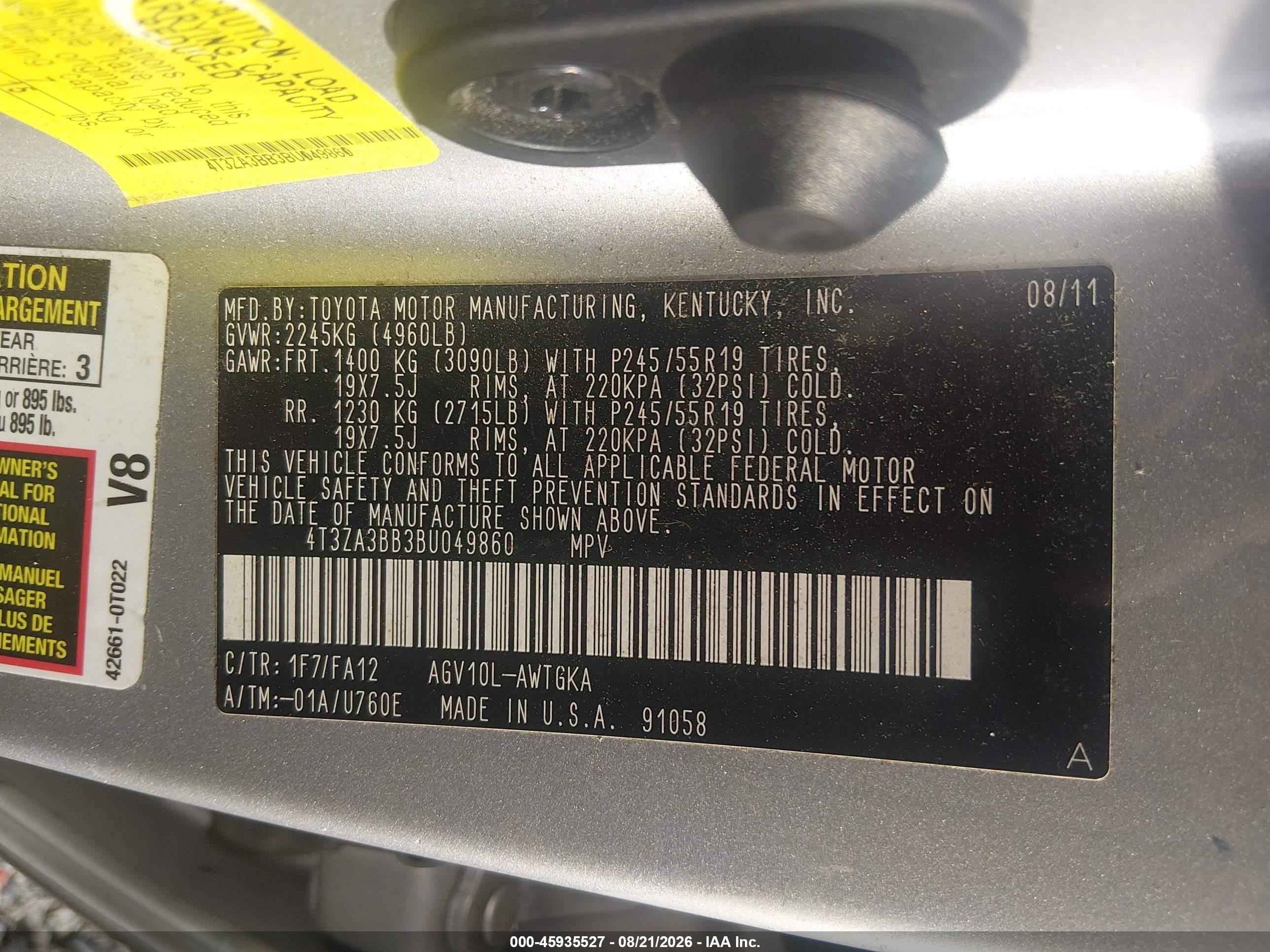 2011 Toyota Venza   Серебряный vin: 4T3ZA3BB3BU049860
