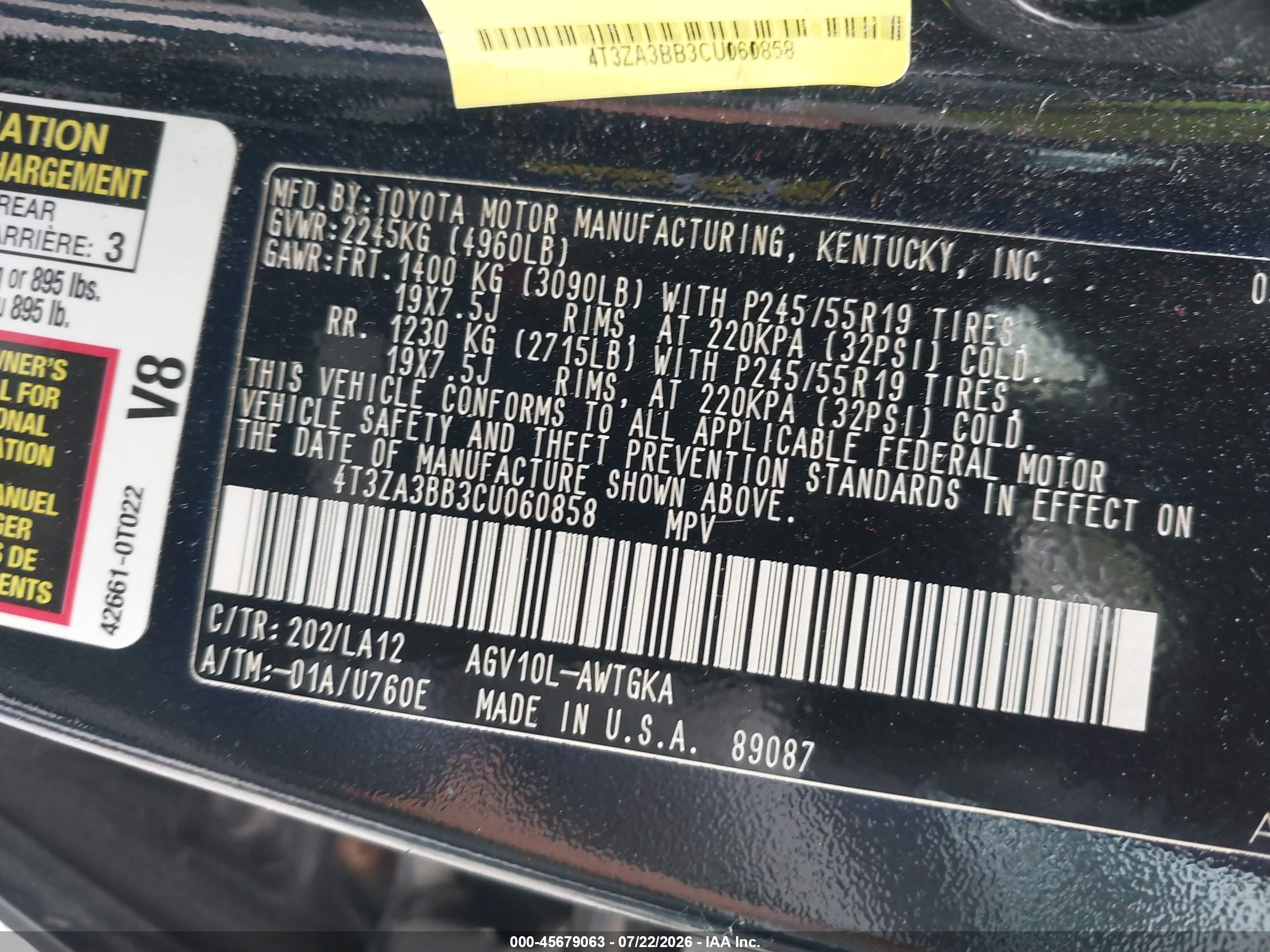 2012 Toyota Venza Xle Black vin: 4T3ZA3BB3CU060858