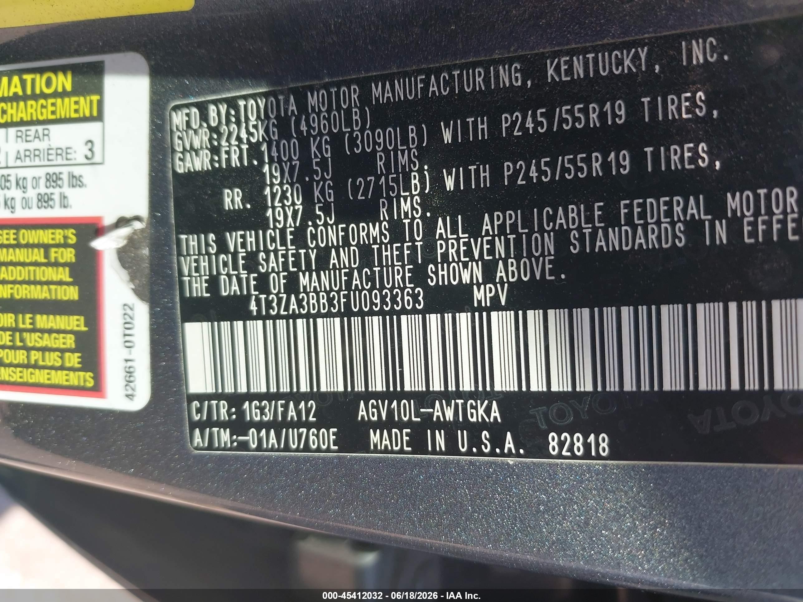 2015 Toyota Venza Le Gray vin: 4T3ZA3BB3FU093363