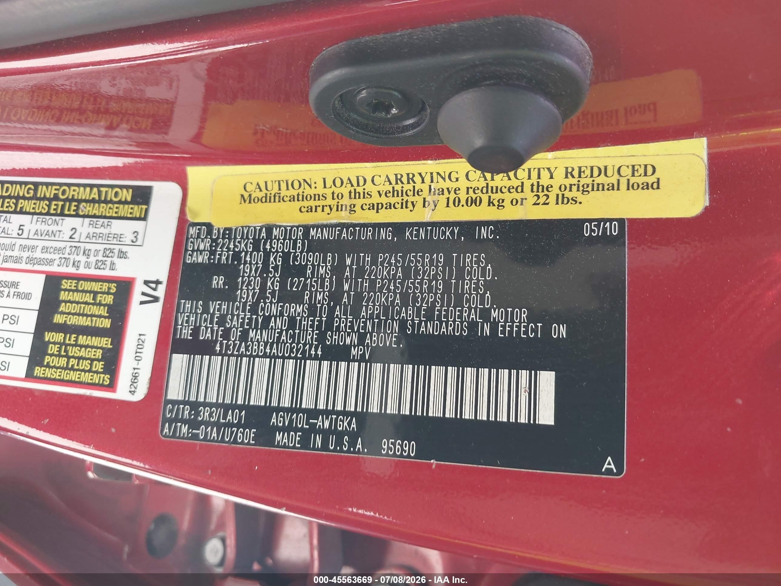 2010 Toyota Venza   Red vin: 4T3ZA3BB4AU032144