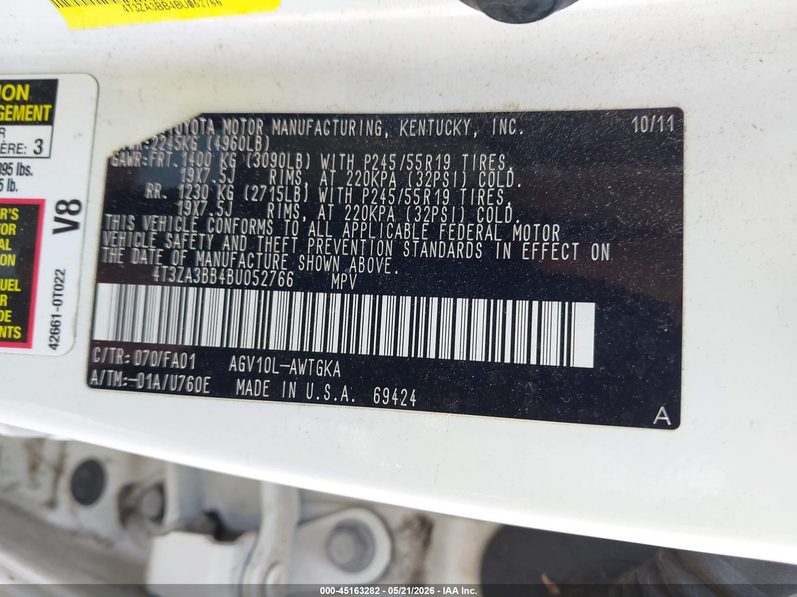 2011 Toyota Venza   White vin: 4T3ZA3BB4BU052766