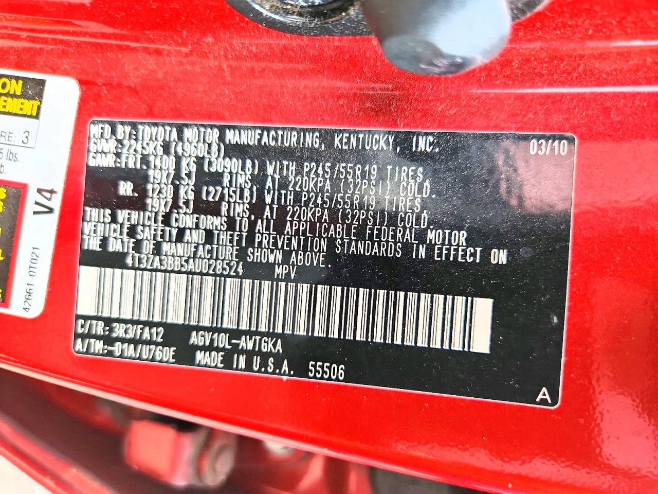 2010 Toyota Venza Fwd 4cyl Red vin: 4T3ZA3BB5AU028524