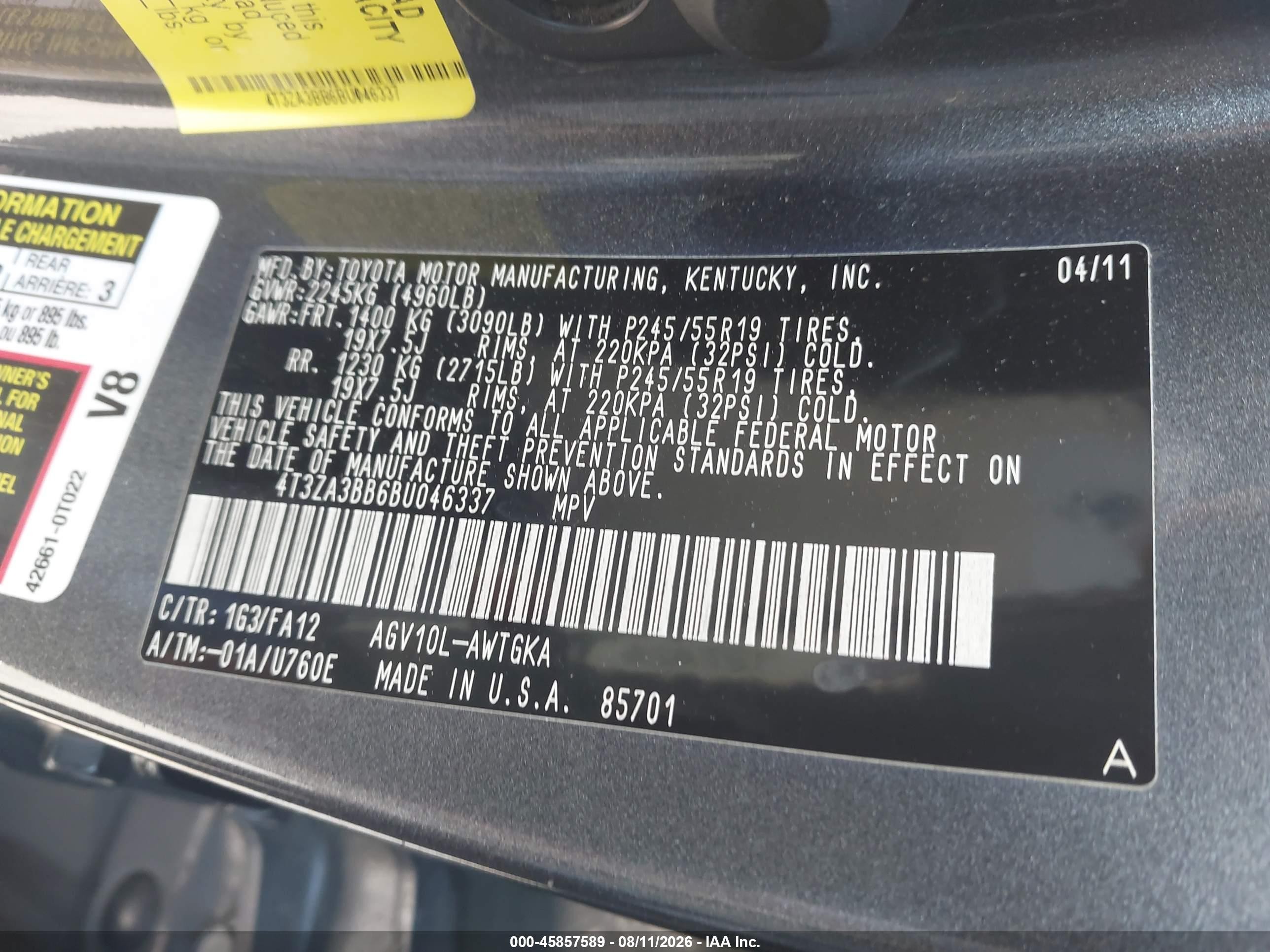 2011 Toyota Venza   Gray vin: 4T3ZA3BB6BU046337