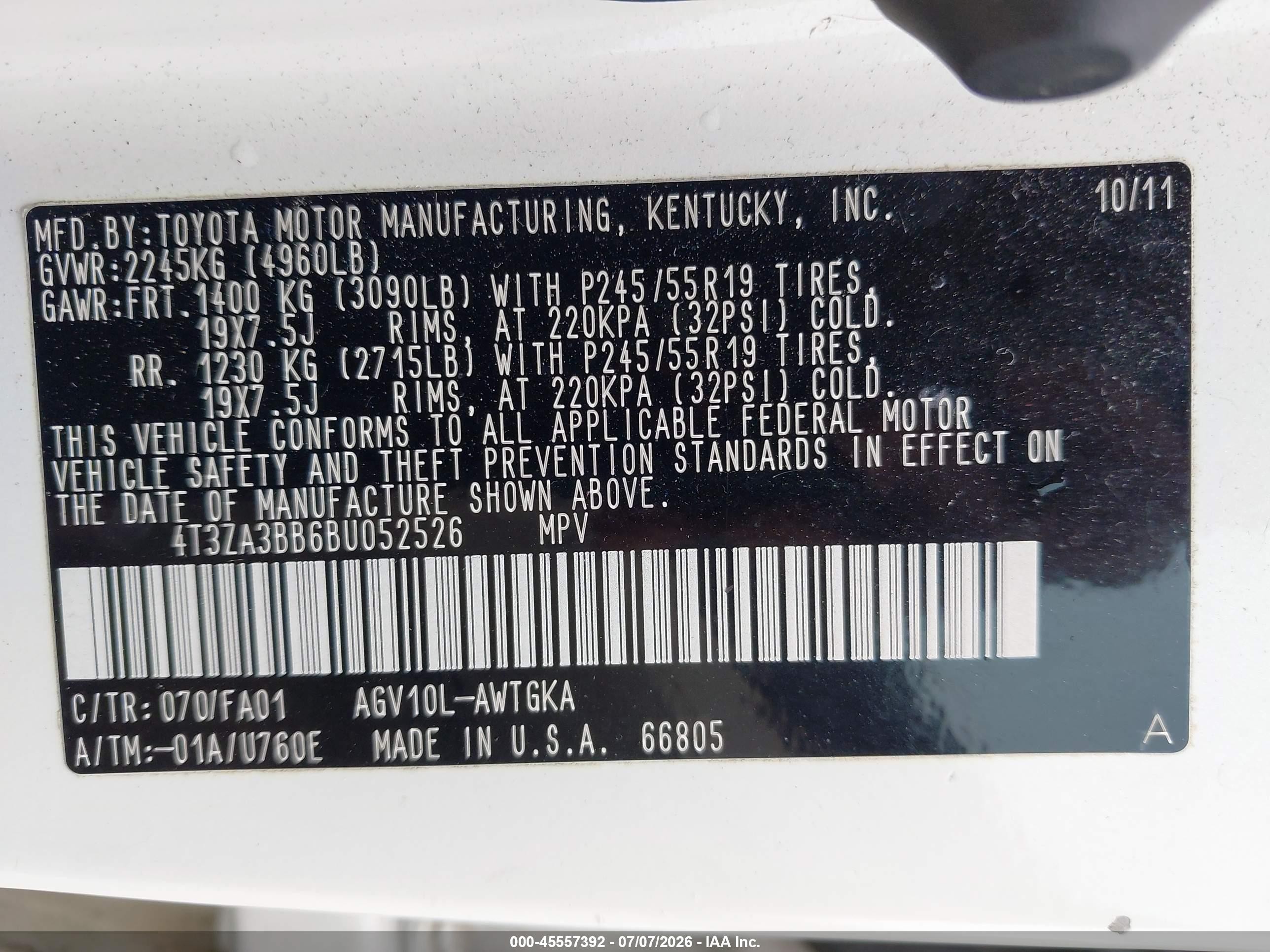 2011 Toyota Venza   White vin: 4T3ZA3BB6BU052526