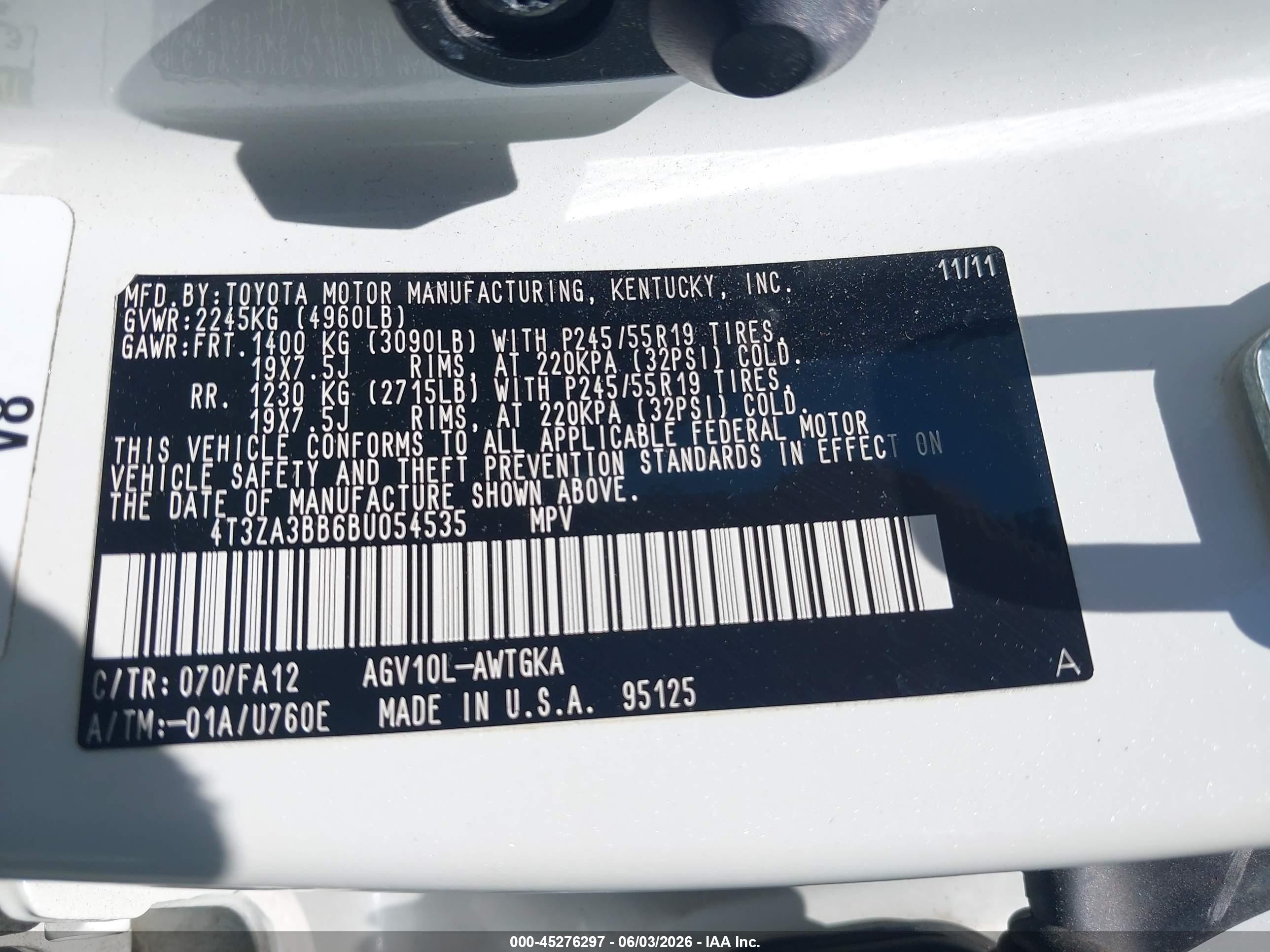 2011 Toyota Venza   White vin: 4T3ZA3BB6BU054535