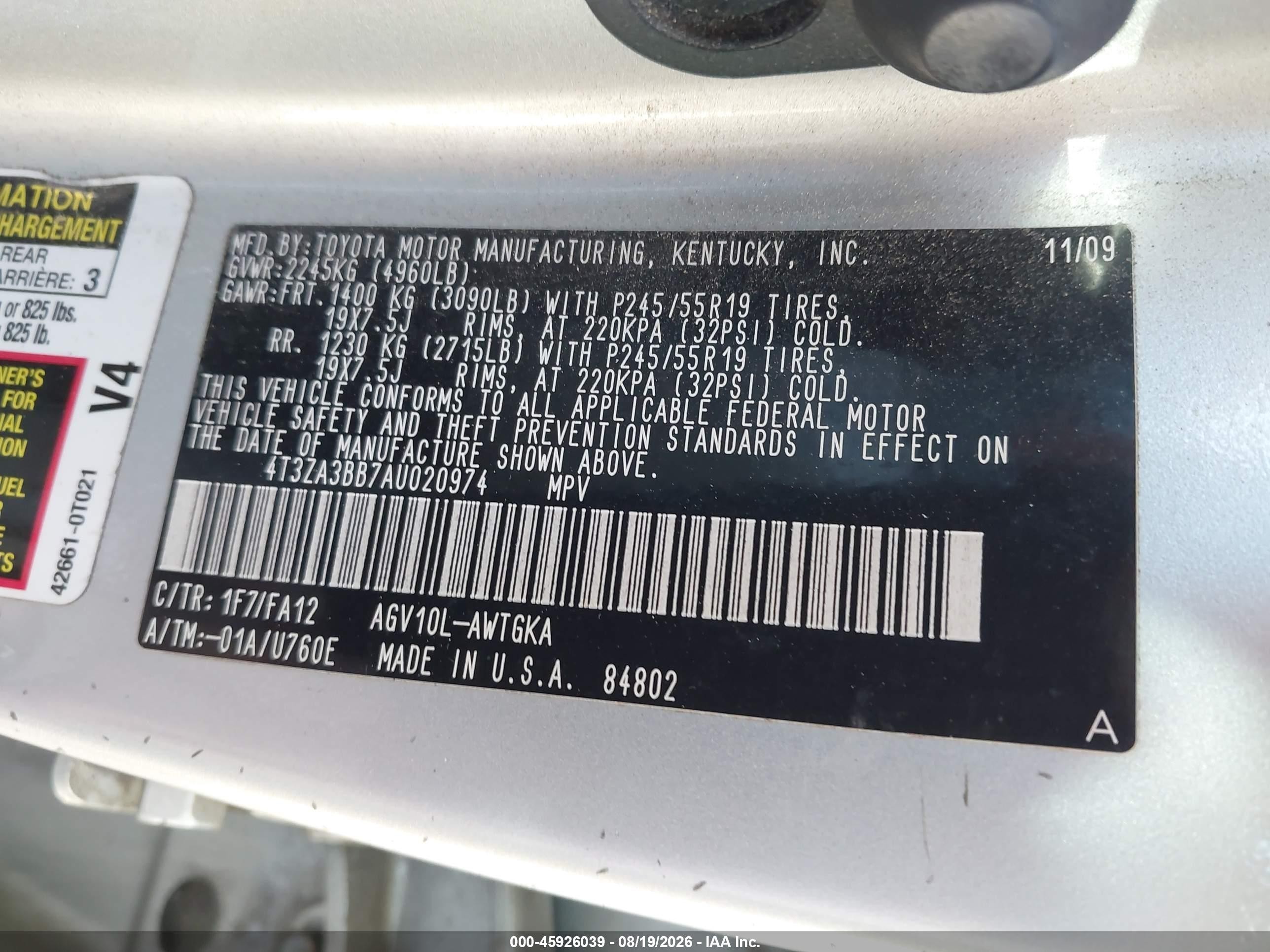 2010 Toyota Venza   Silver vin: 4T3ZA3BB7AU020974