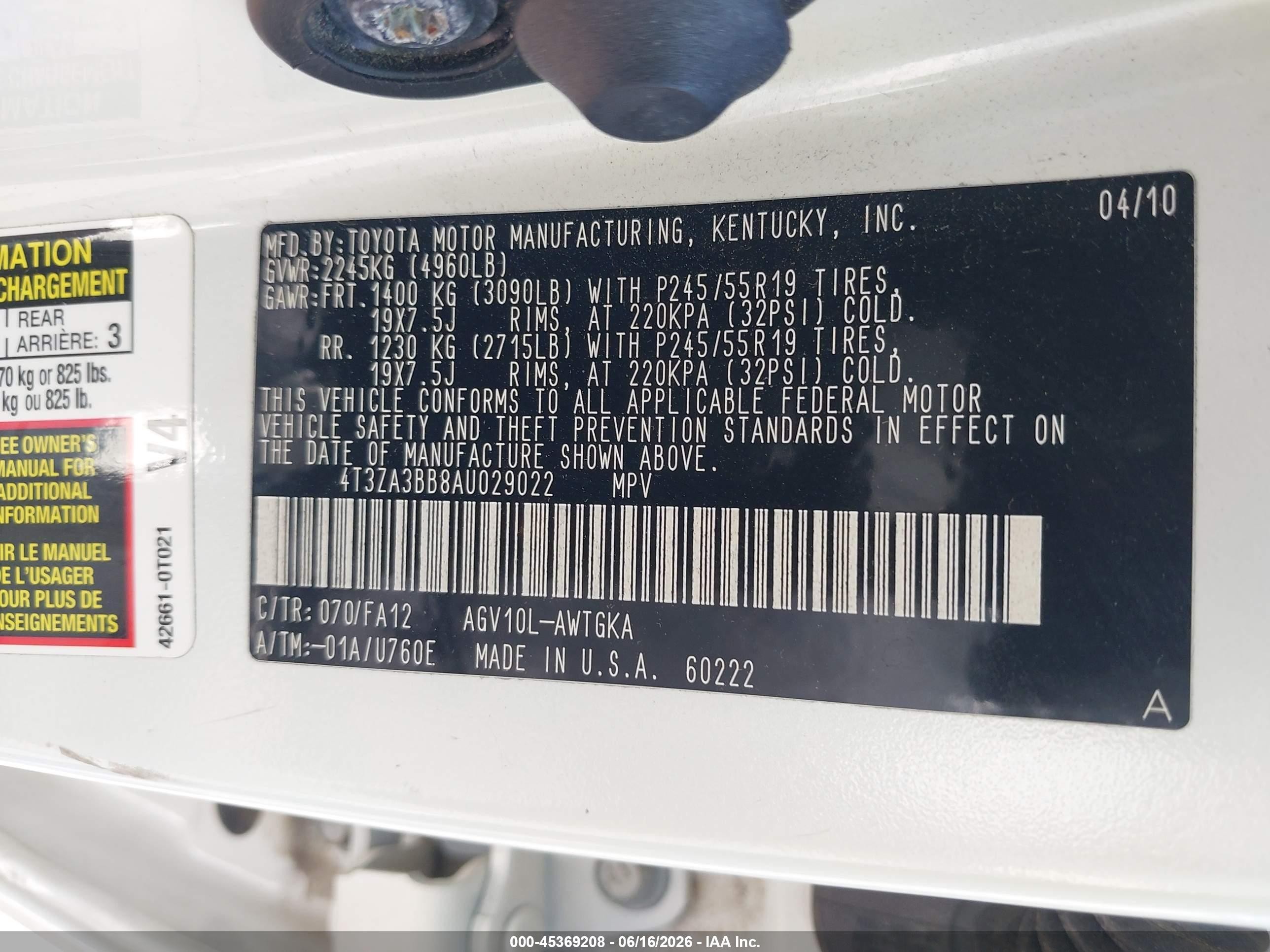 2010 Toyota Venza   White vin: 4T3ZA3BB8AU029022