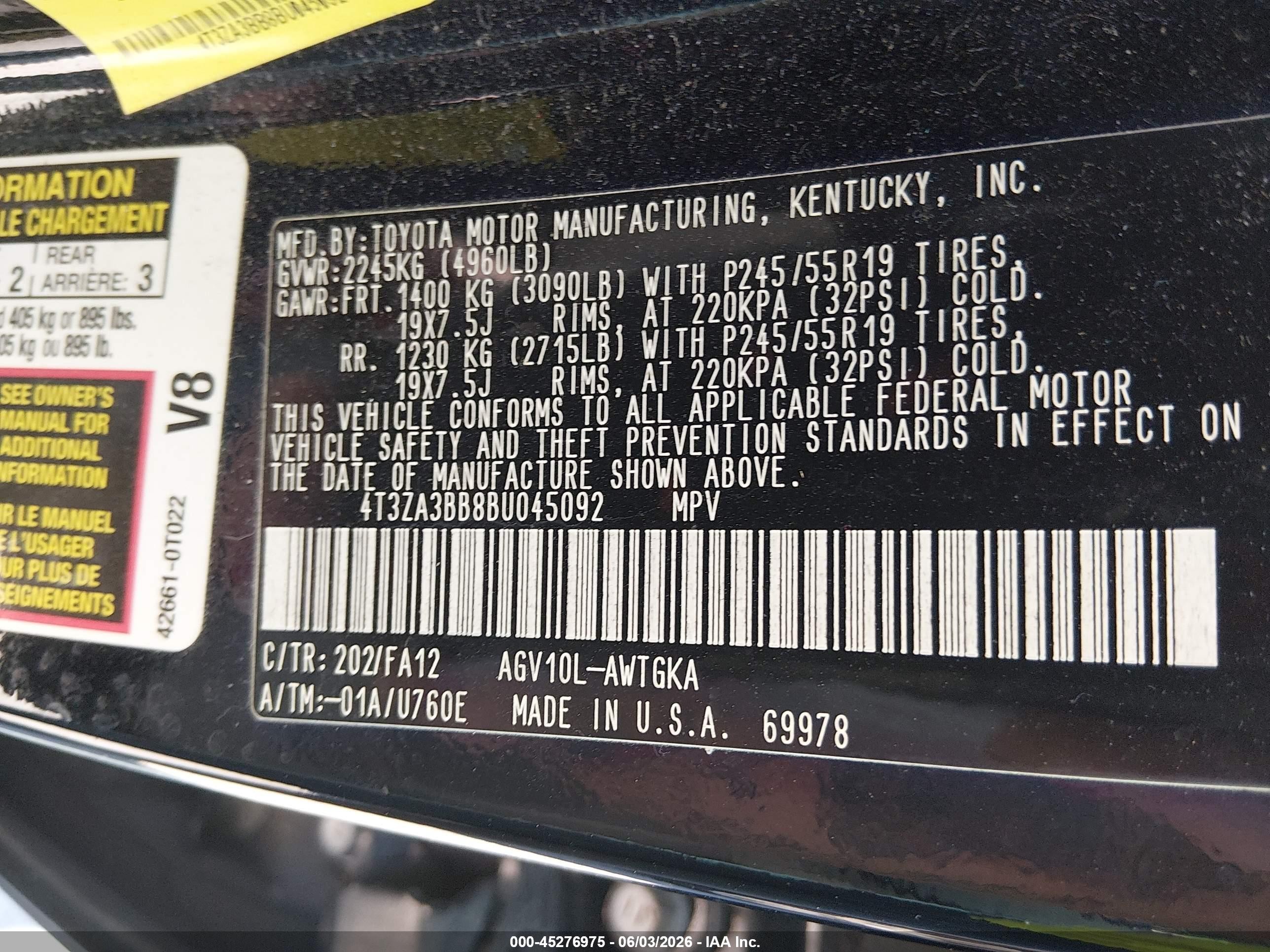 2011 Toyota Venza   Black vin: 4T3ZA3BB8BU045092