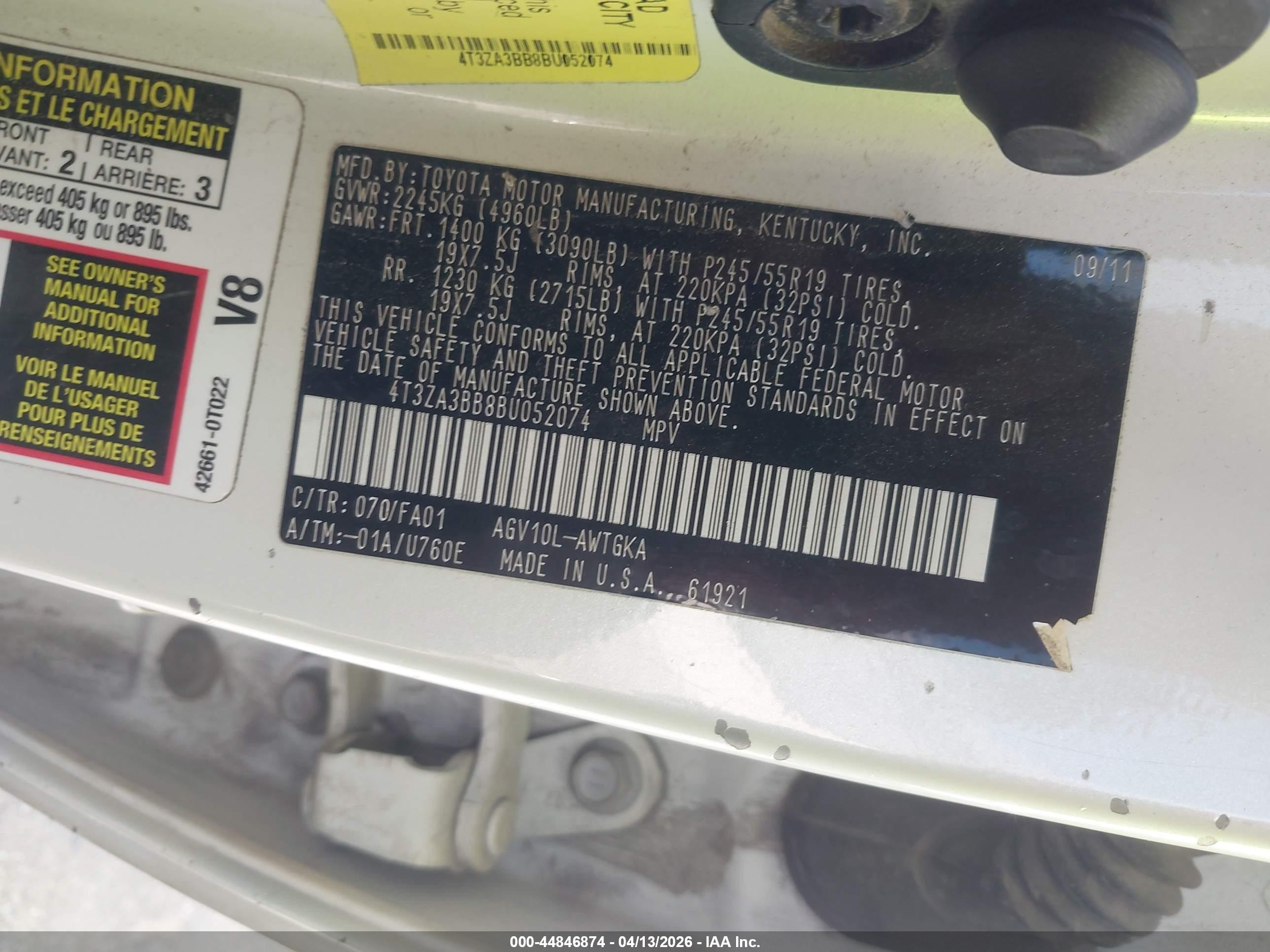 2011 Toyota Venza   White vin: 4T3ZA3BB8BU052074