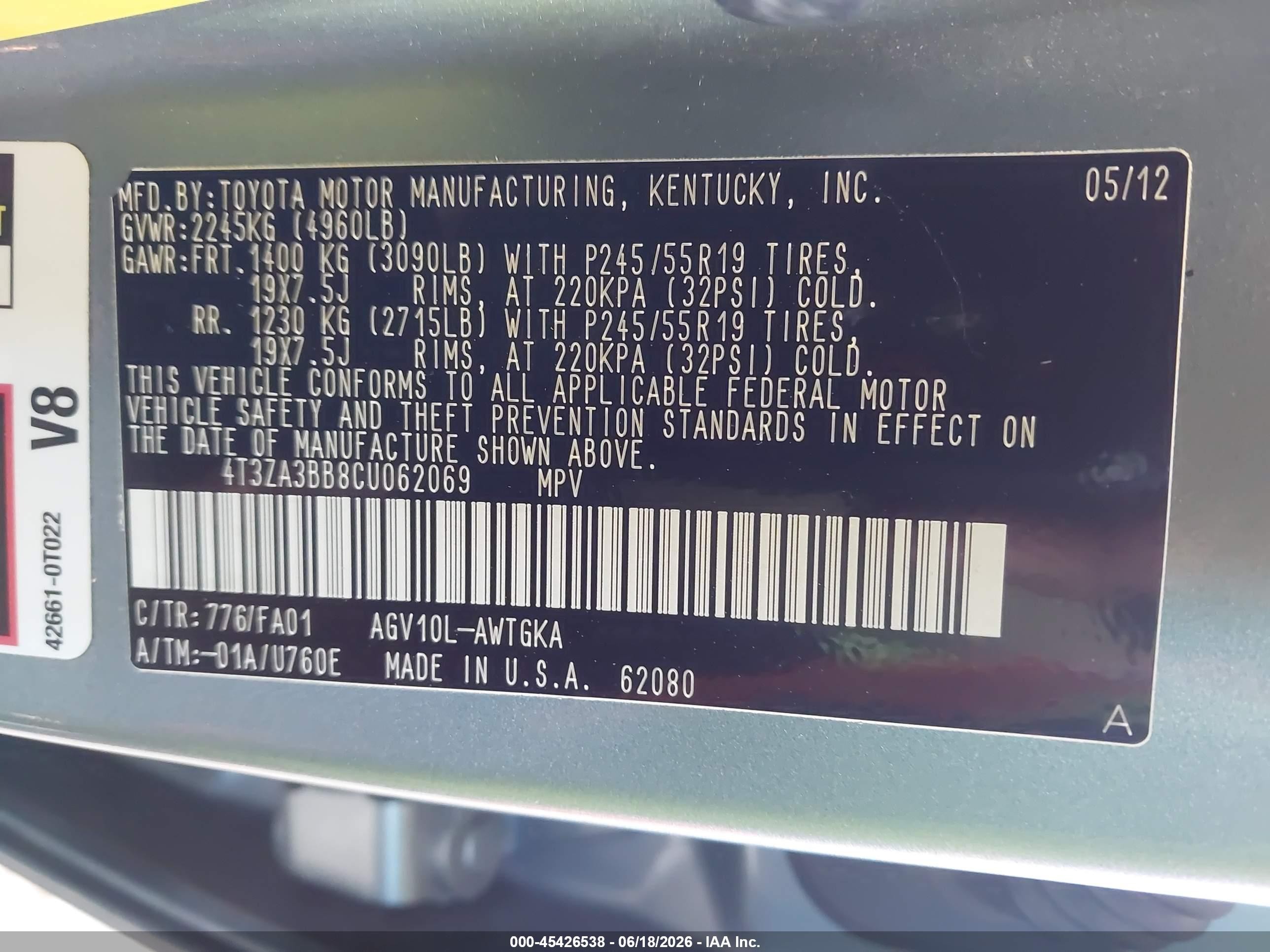 2012 Toyota Venza Le Green vin: 4T3ZA3BB8CU062069