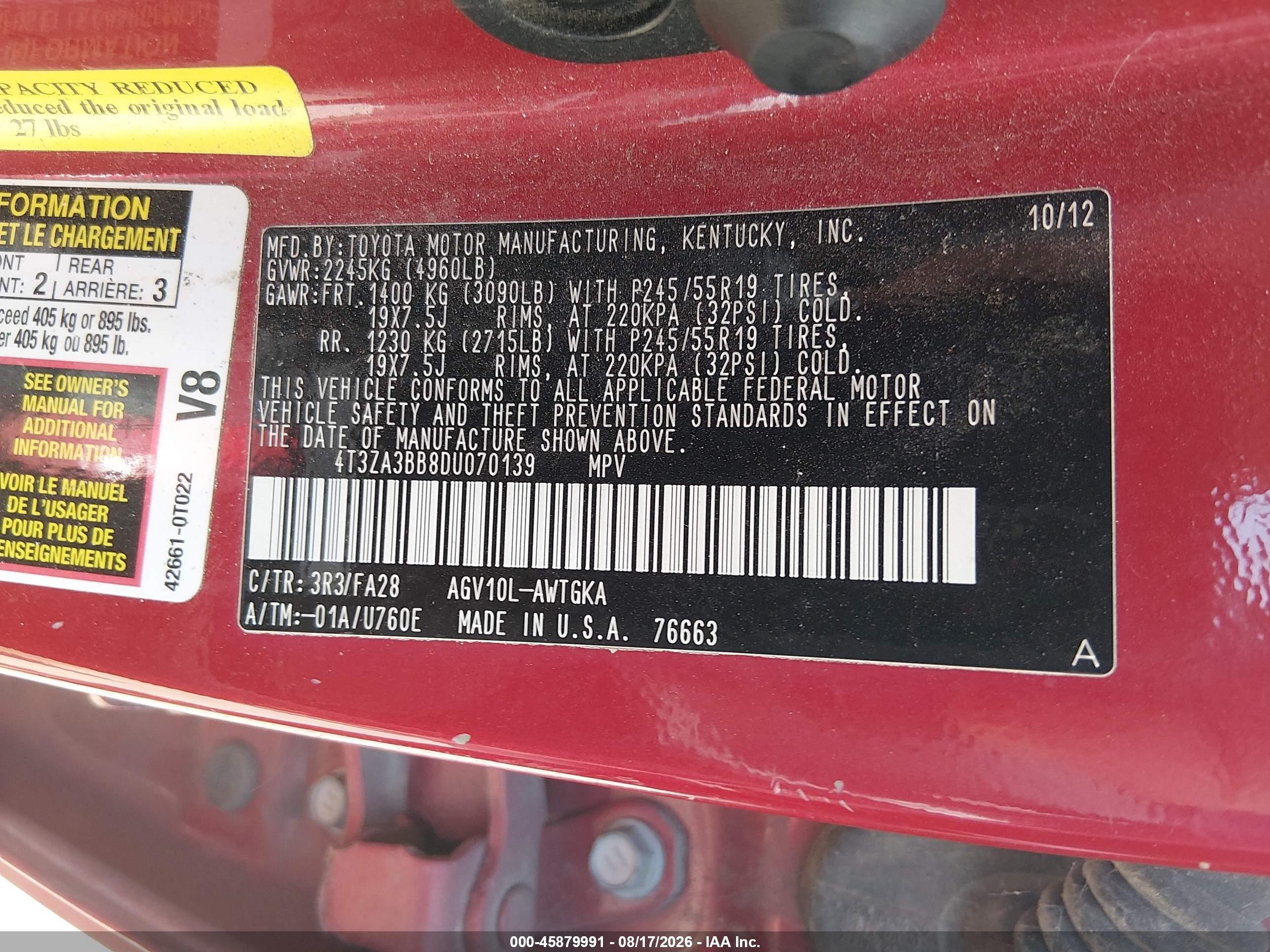 2013 Toyota Venza Le Red vin: 4T3ZA3BB8DU070139