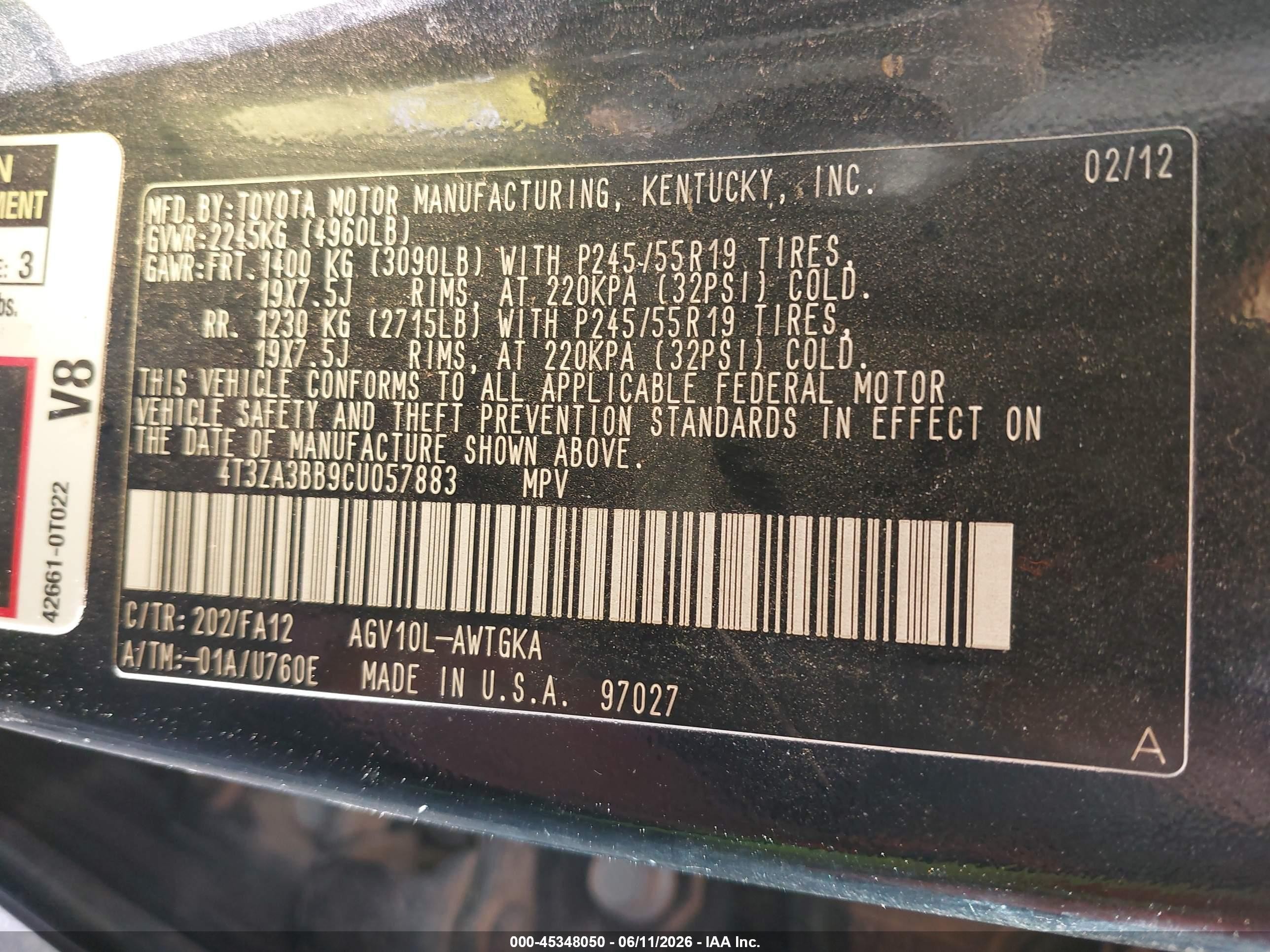 2012 Toyota Venza Le Black vin: 4T3ZA3BB9CU057883