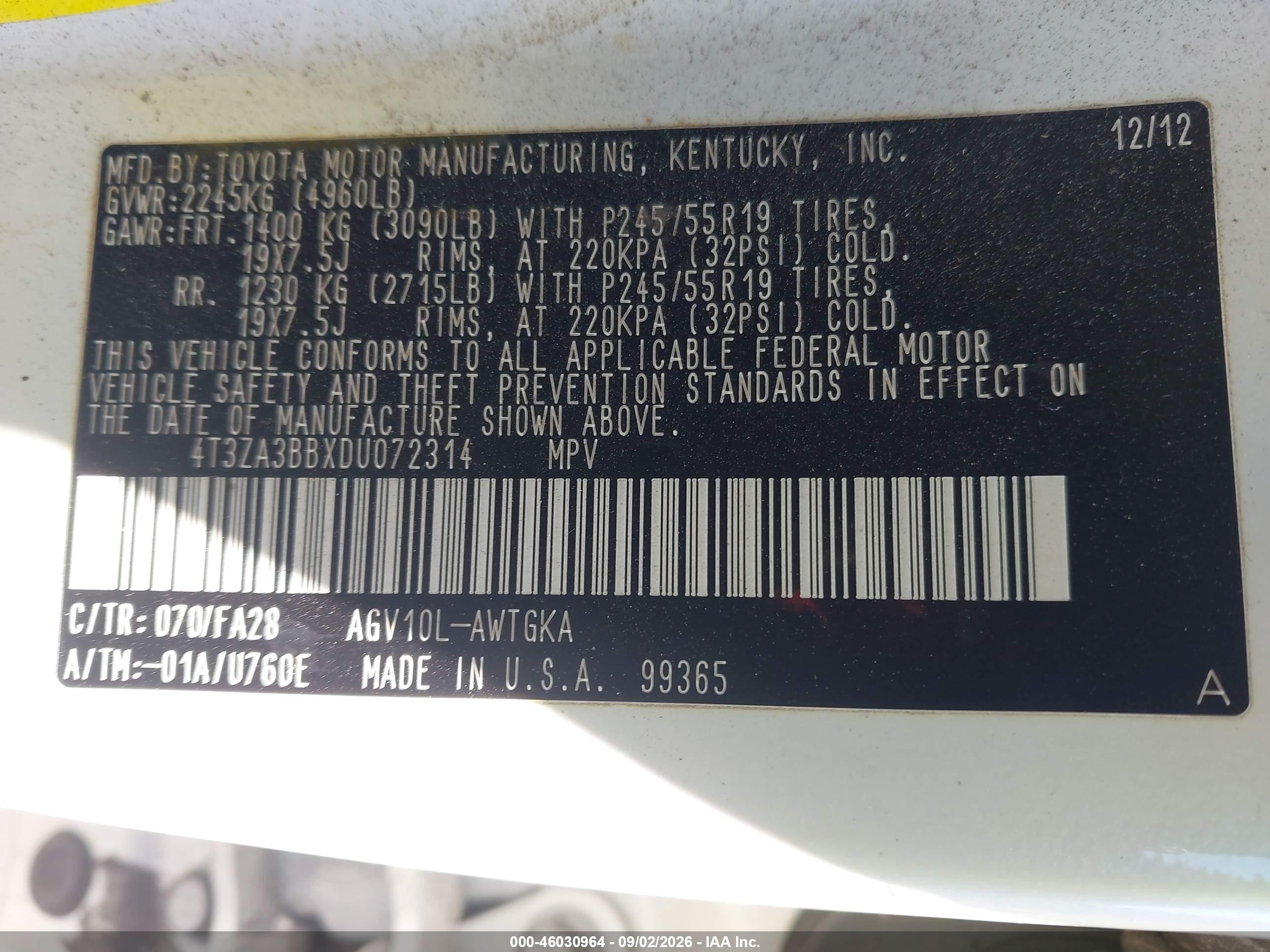 2013 Toyota Venza Le White vin: 4T3ZA3BBXDU072314