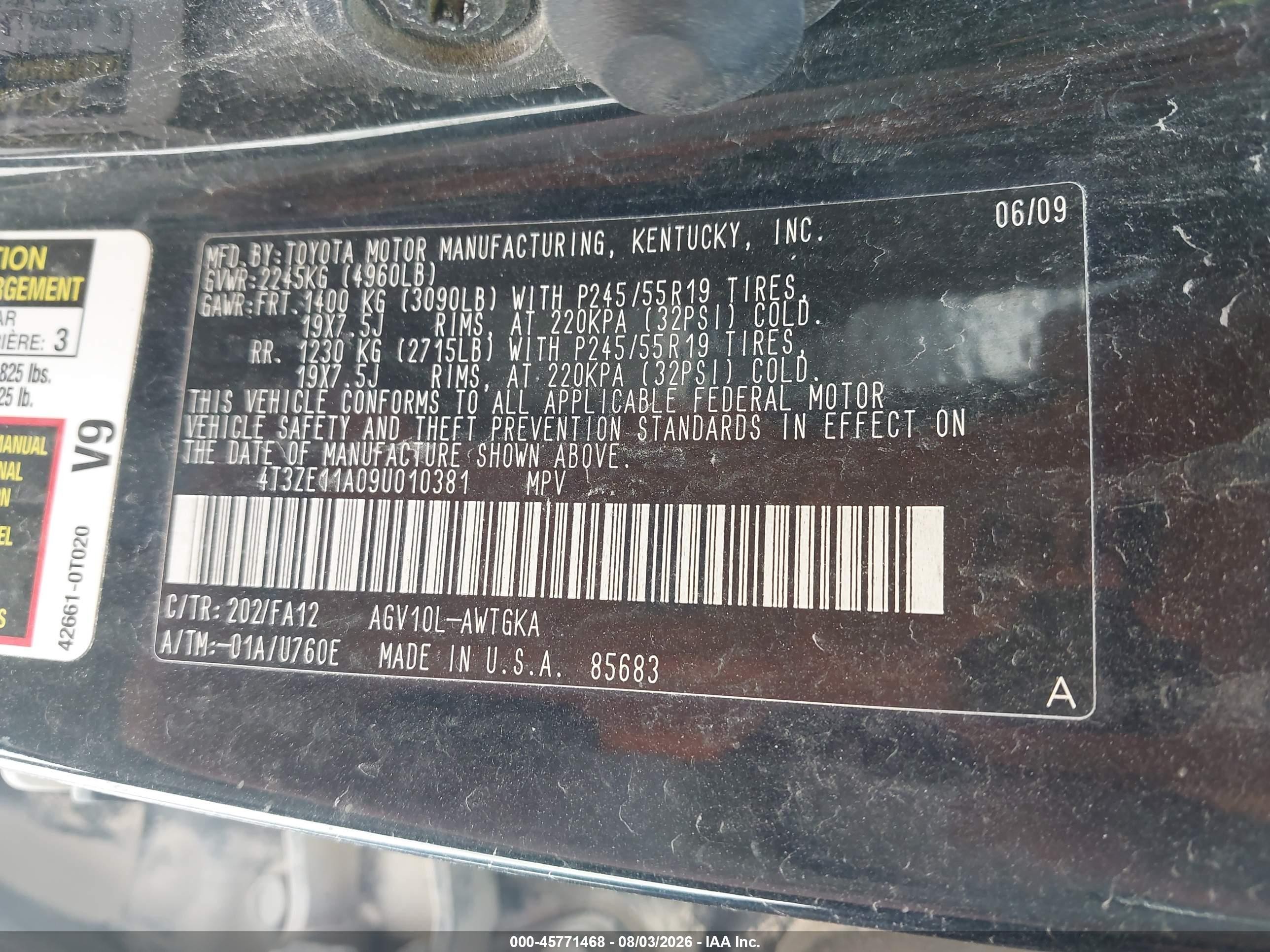 2009 Toyota Venza   Black vin: 4T3ZE11A09U010381