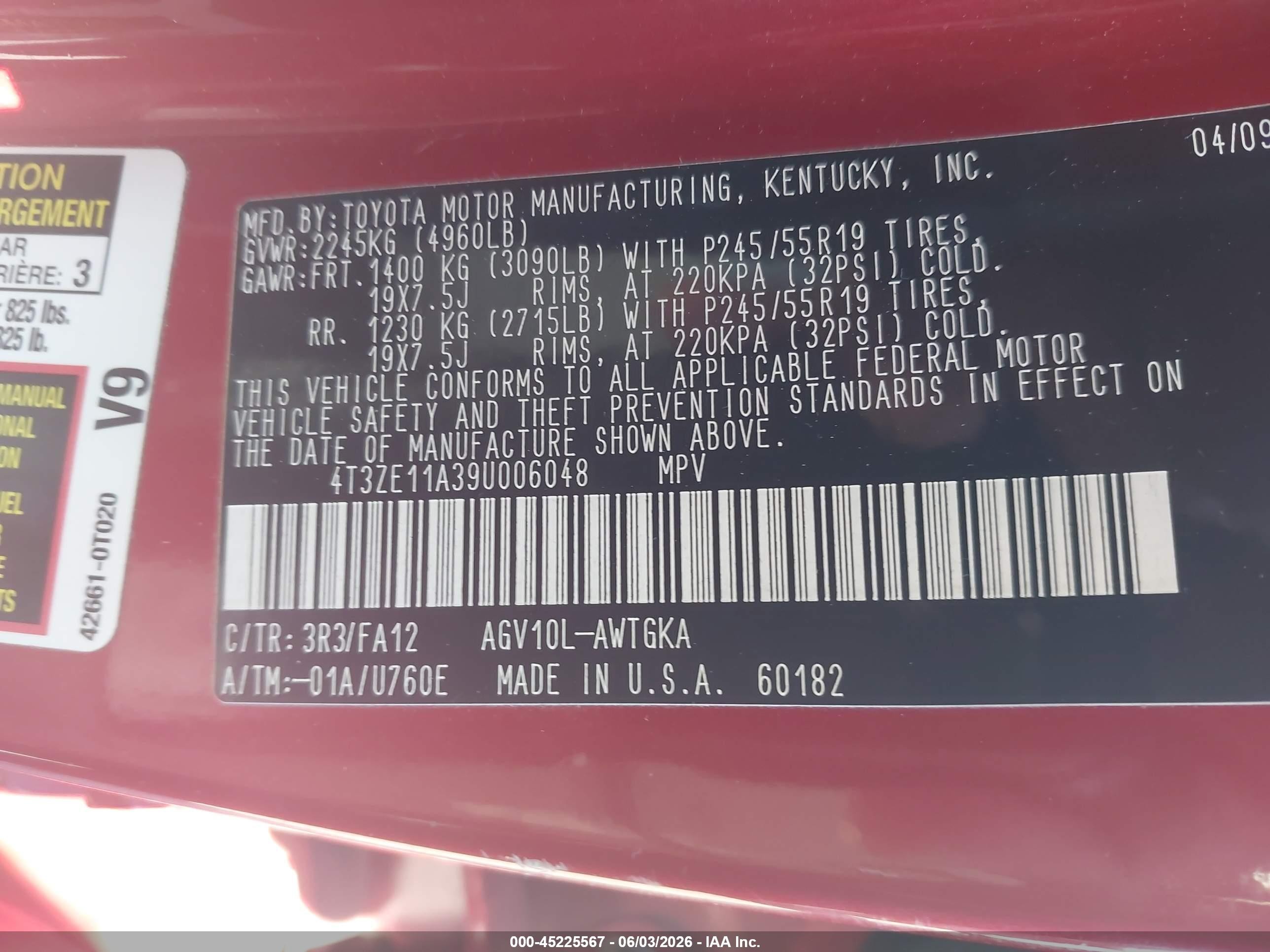 2009 Toyota Venza Red vin: 4T3ZE11A39U006048
