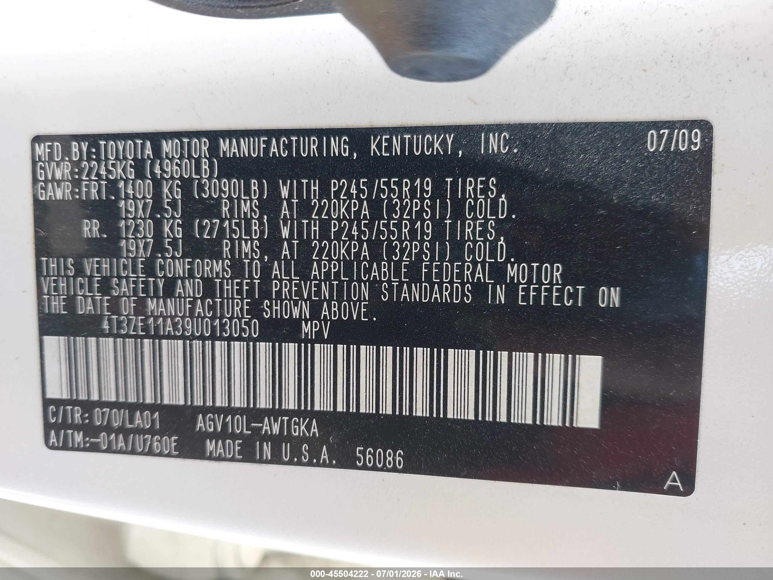 2009 Toyota Venza   White vin: 4T3ZE11A39U013050