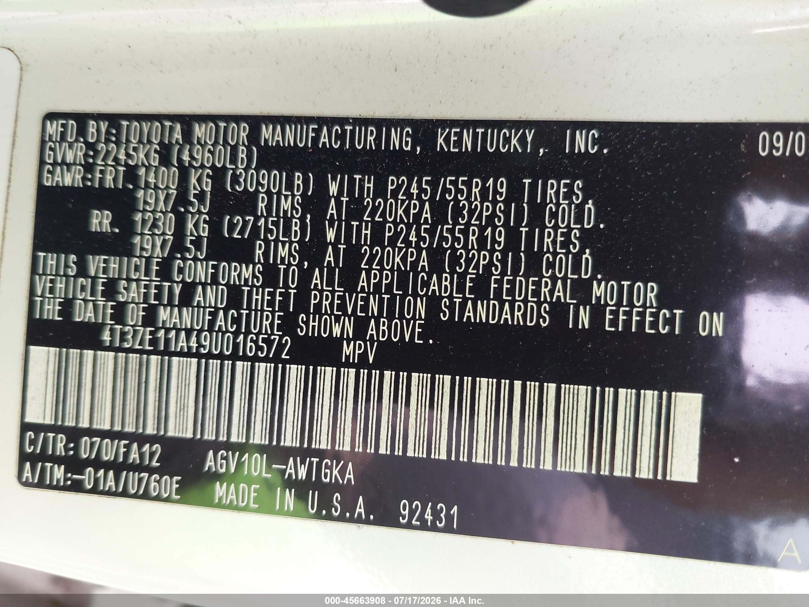2009 Toyota Venza   White vin: 4T3ZE11A49U016572
