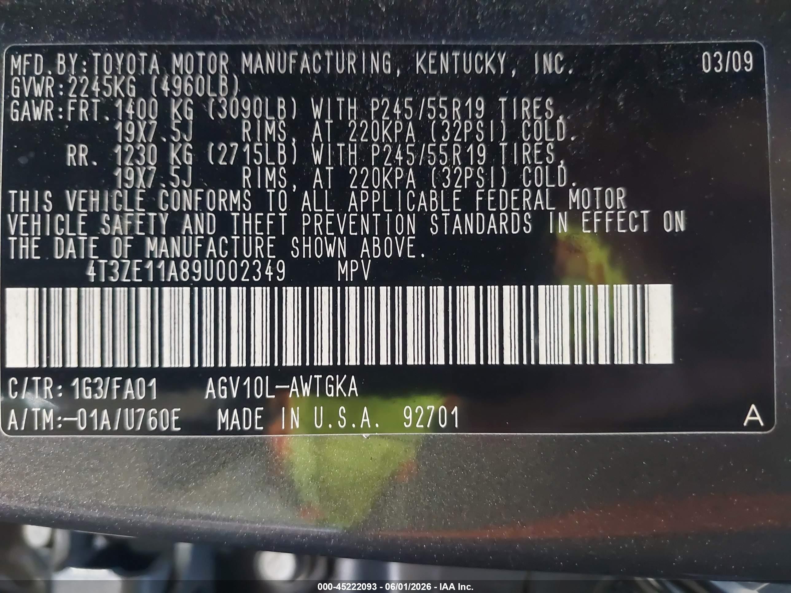2009 Toyota Venza   Gray vin: 4T3ZE11A89U002349