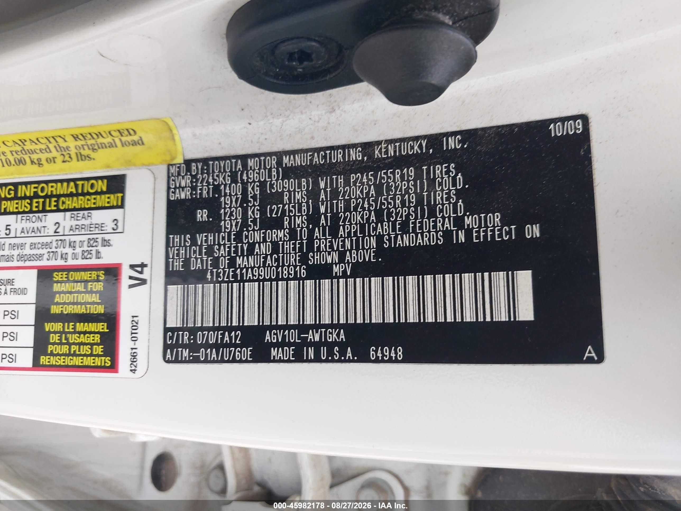 2009 Toyota Venza   White vin: 4T3ZE11A99U018916