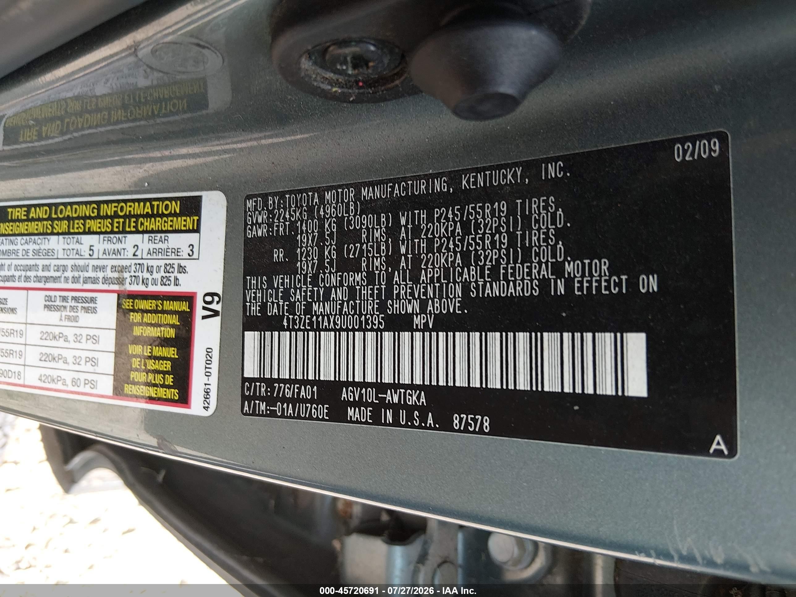 2009 Toyota Venza   Green vin: 4T3ZE11AX9U001395
