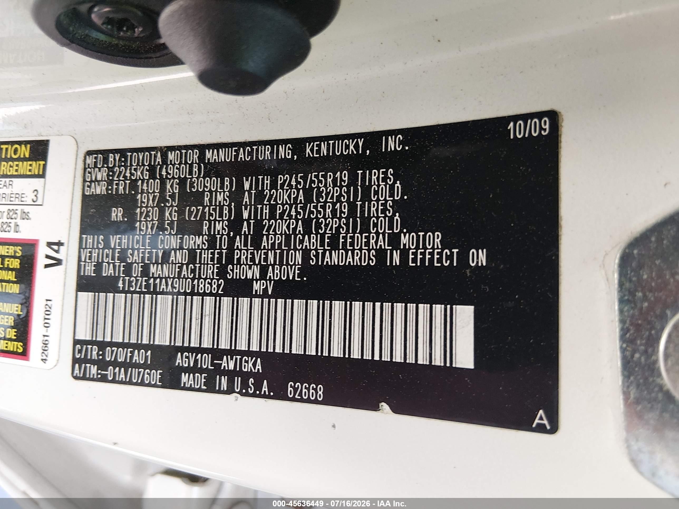 2009 Toyota Venza   White vin: 4T3ZE11AX9U018682