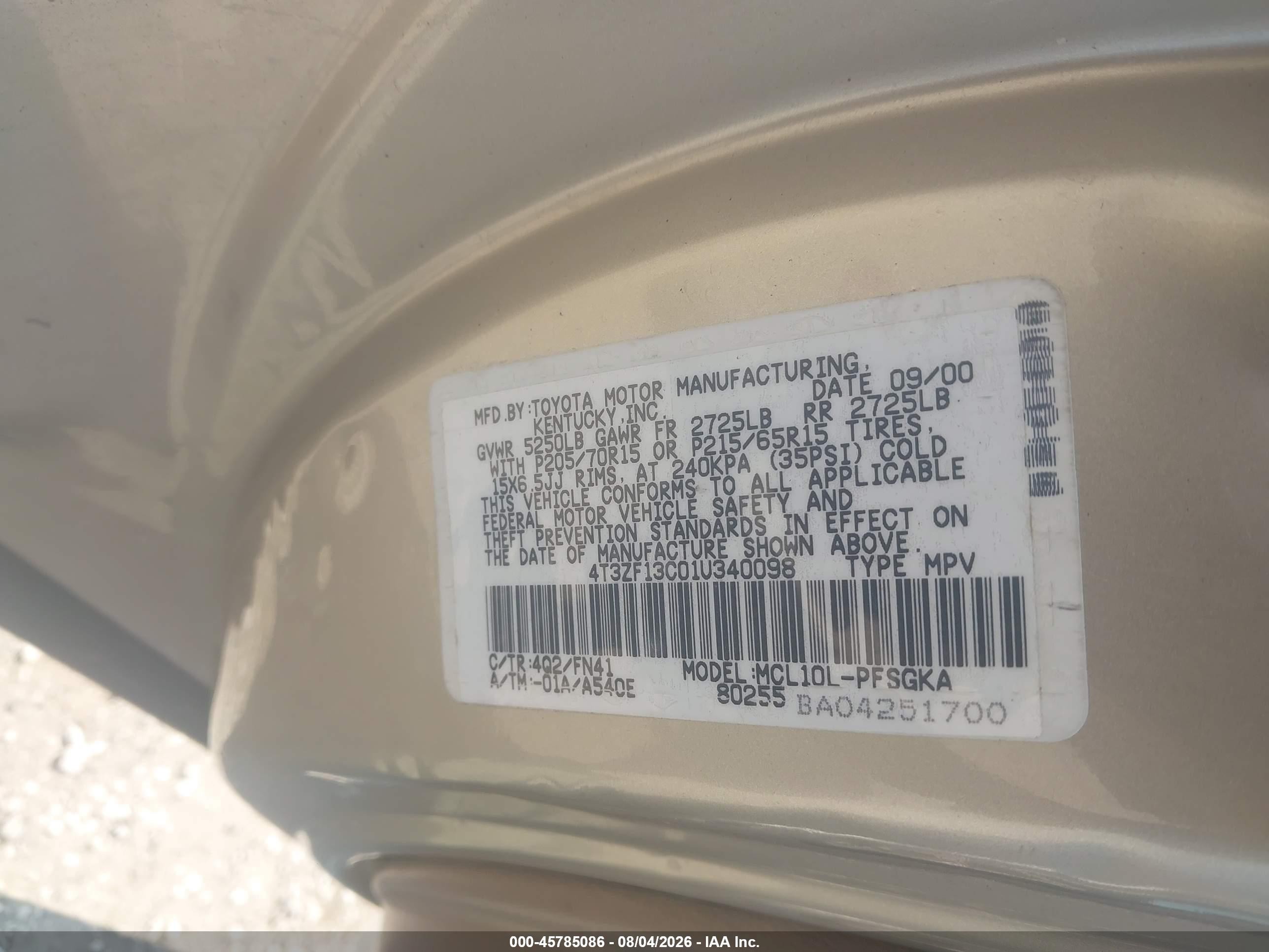 2001 Toyota Sienna Le Gold vin: 4T3ZF13C01U340098