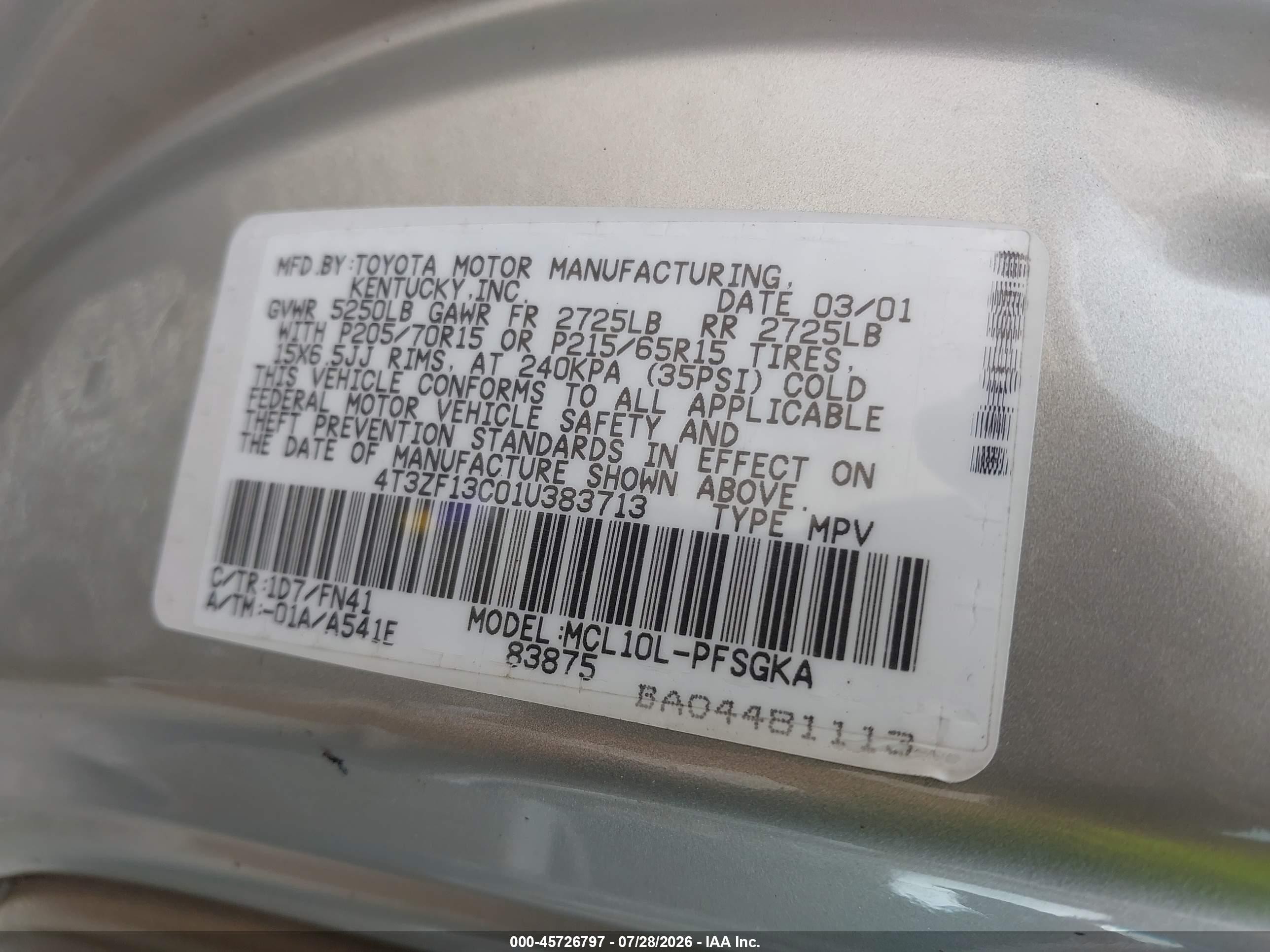 2001 Toyota Sienna Le Silver vin: 4T3ZF13C01U383713