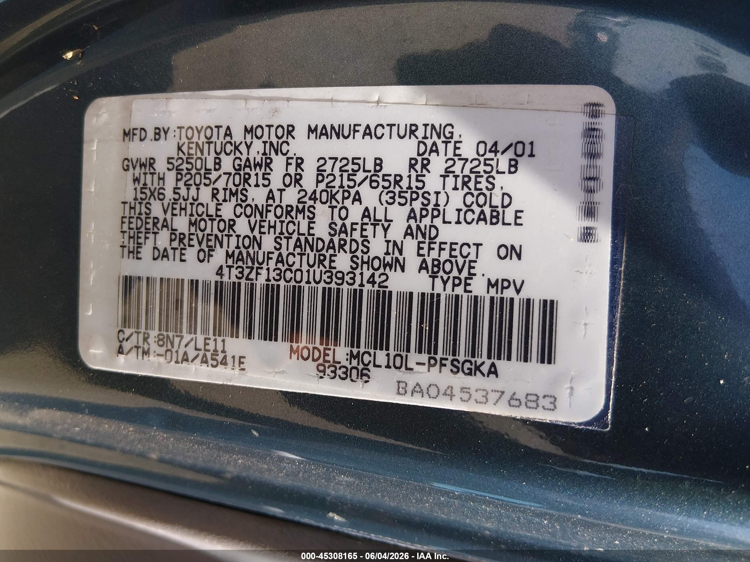 2001 Toyota Sienna Xle Green vin: 4T3ZF13C01U393142