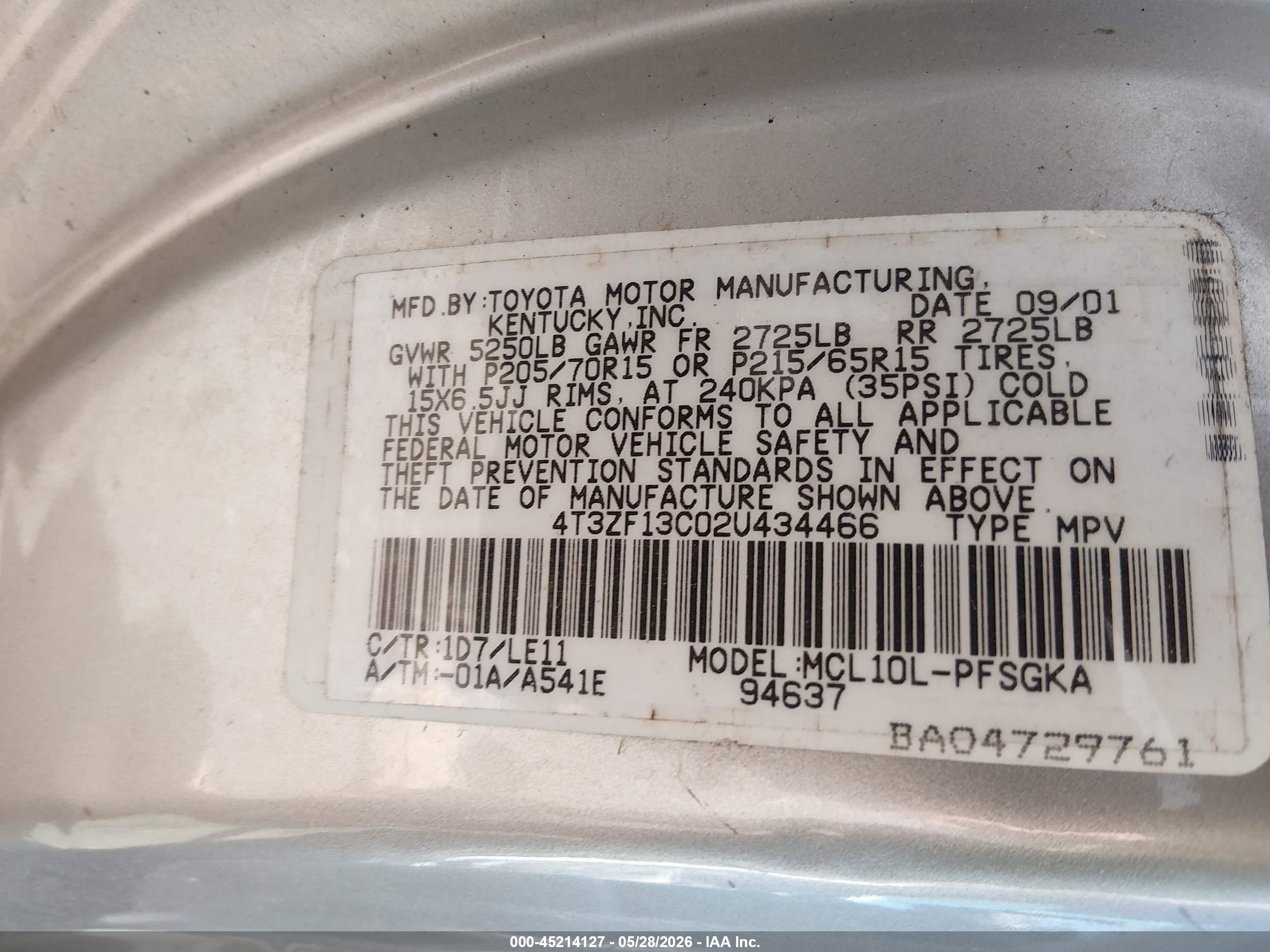 2002 Toyota Sienna Xle Silver vin: 4T3ZF13C02U434466