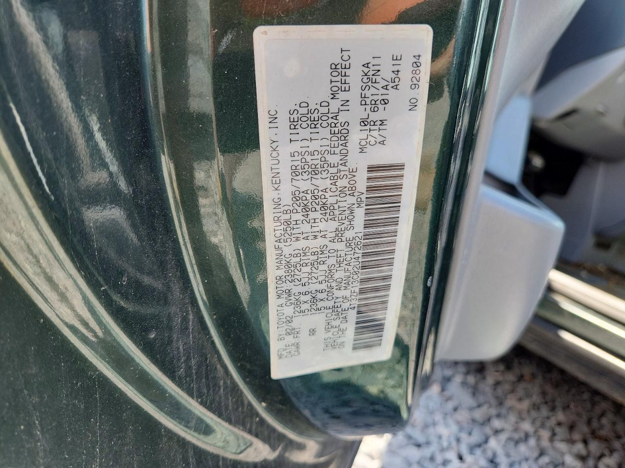 2002 Toyota Sienna Le Green vin: 4T3ZF13C02U472621