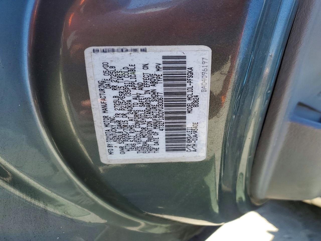 2000 Toyota Sienna Xle Blue vin: 4T3ZF13C0YU300677