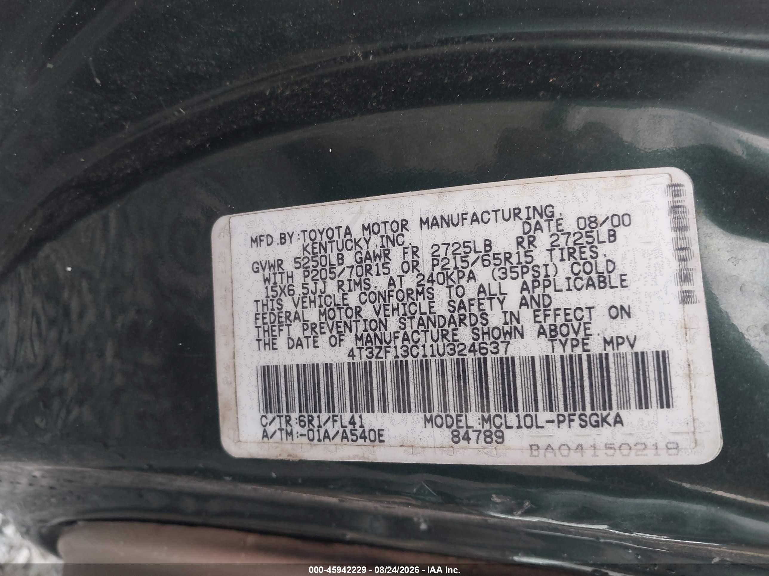 2001 Toyota Sienna Xle Green vin: 4T3ZF13C11U324637
