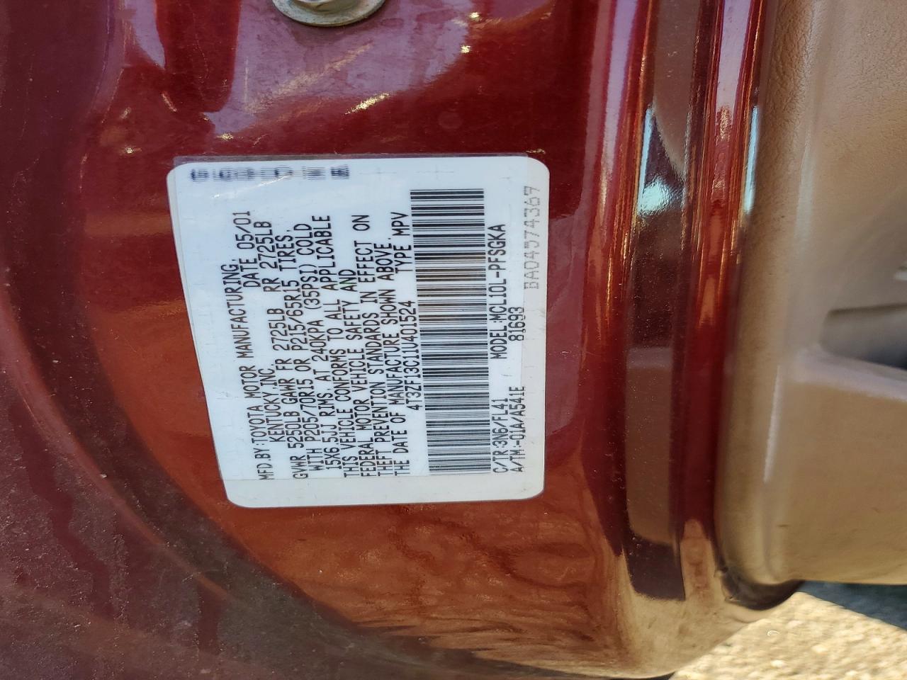2001 Toyota Sienna Xle Burgundy vin: 4T3ZF13C11U401524