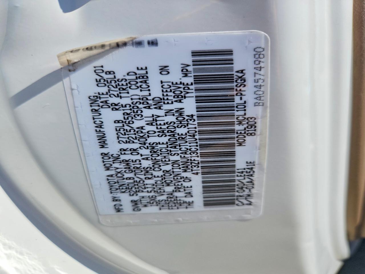 2001 Toyota Sienna Xle Белый vin: 4T3ZF13C11U401734