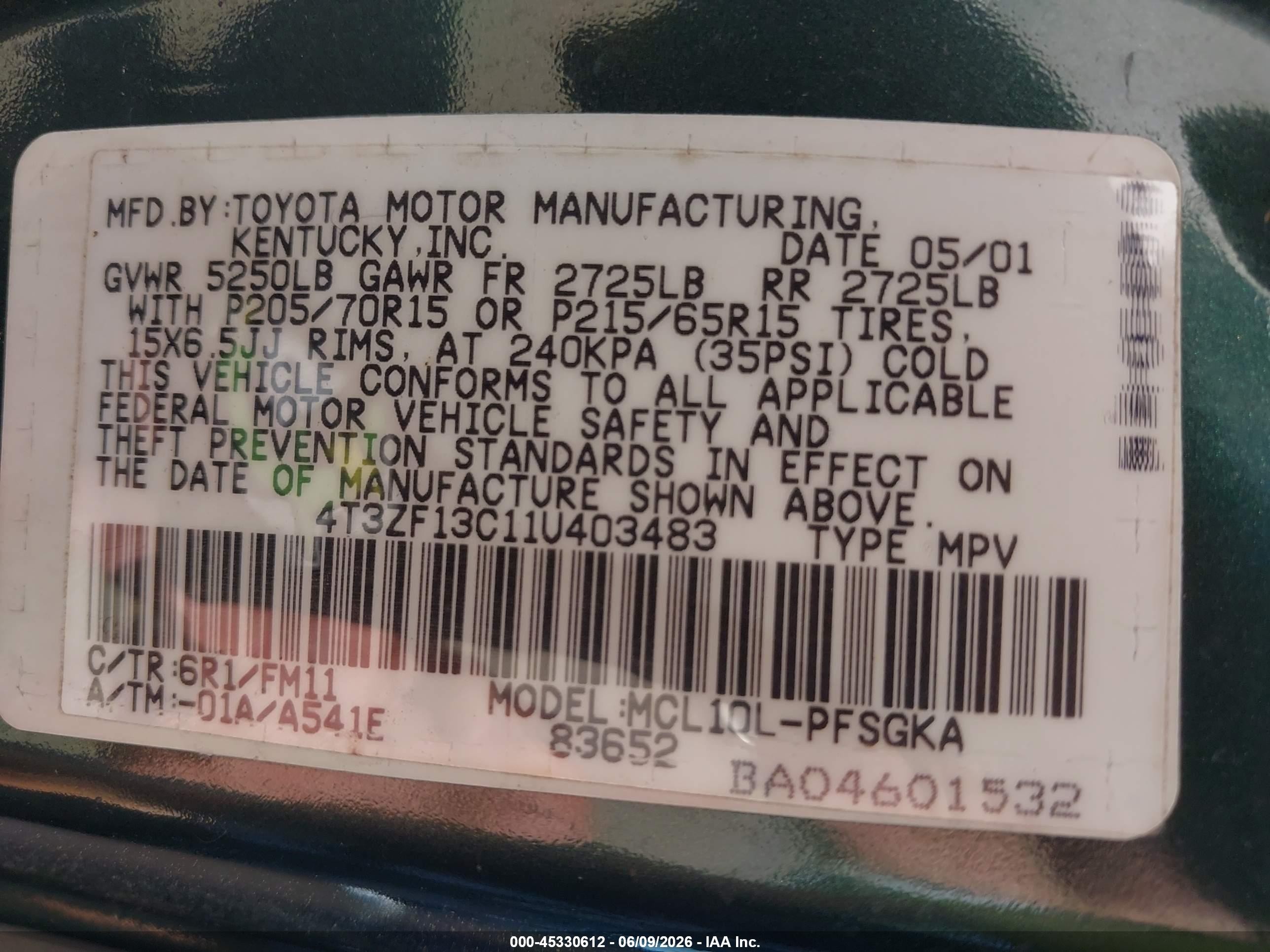 2001 Toyota Sienna Le Green vin: 4T3ZF13C11U403483