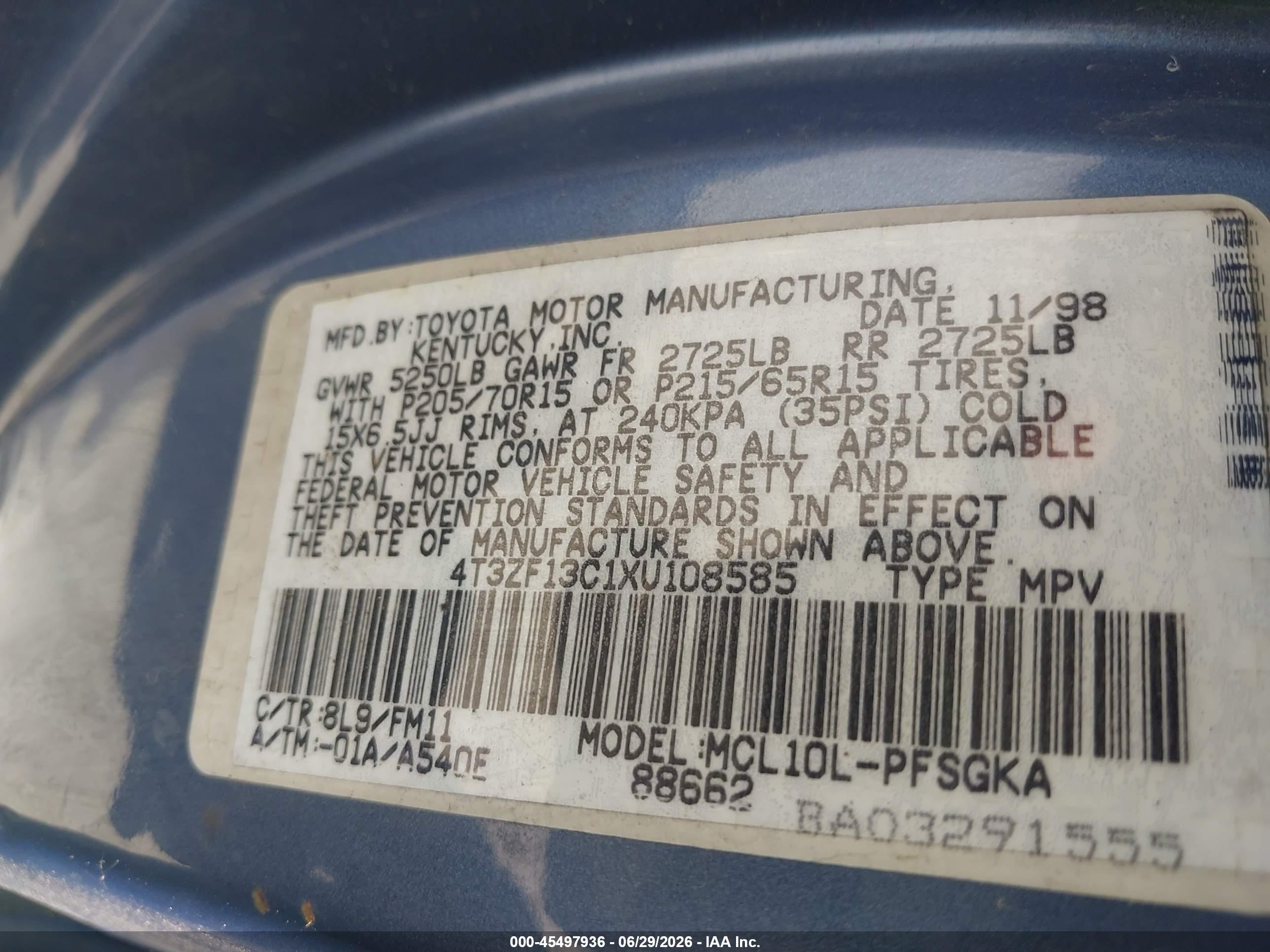 1999 Toyota Sienna Xle Blue vin: 4T3ZF13C1XU108585