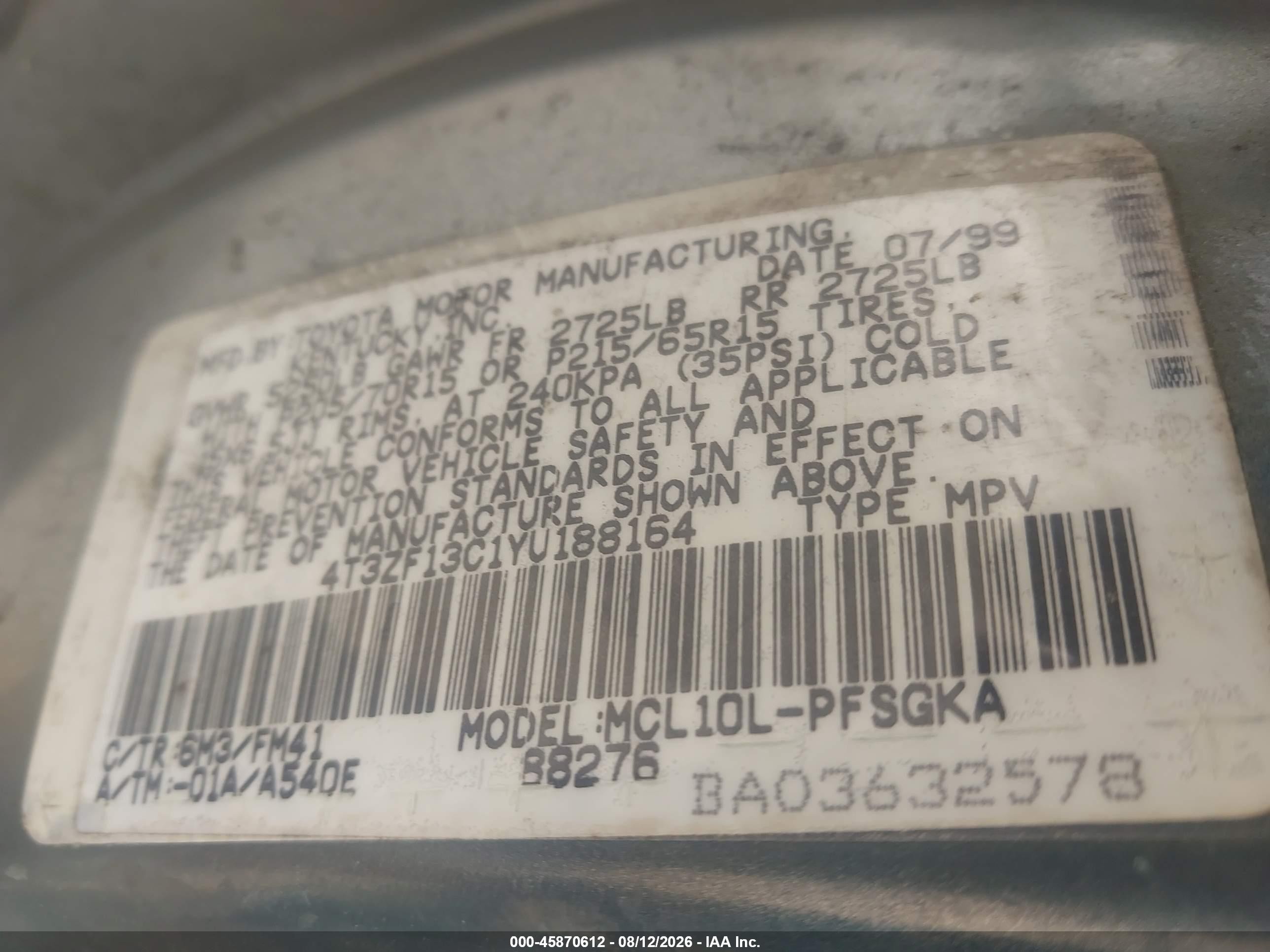 2000 Toyota Sienna Xle Серый vin: 4T3ZF13C1YU188164