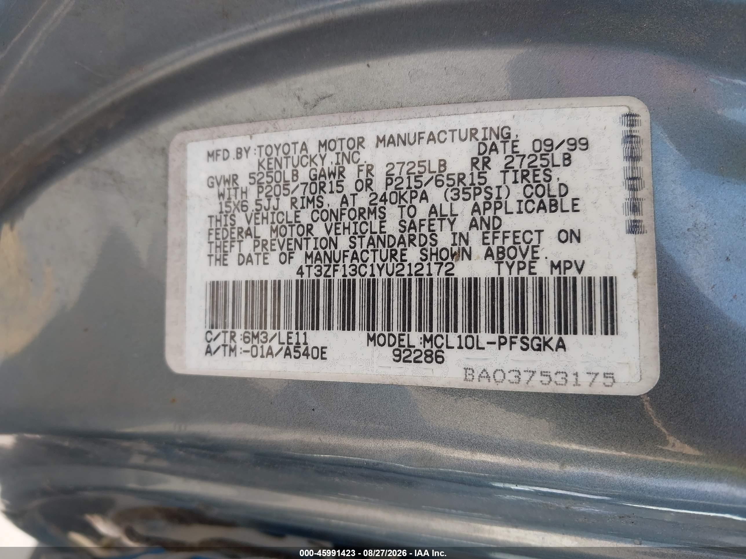 2000 Toyota Sienna Xle Gray vin: 4T3ZF13C1YU212172