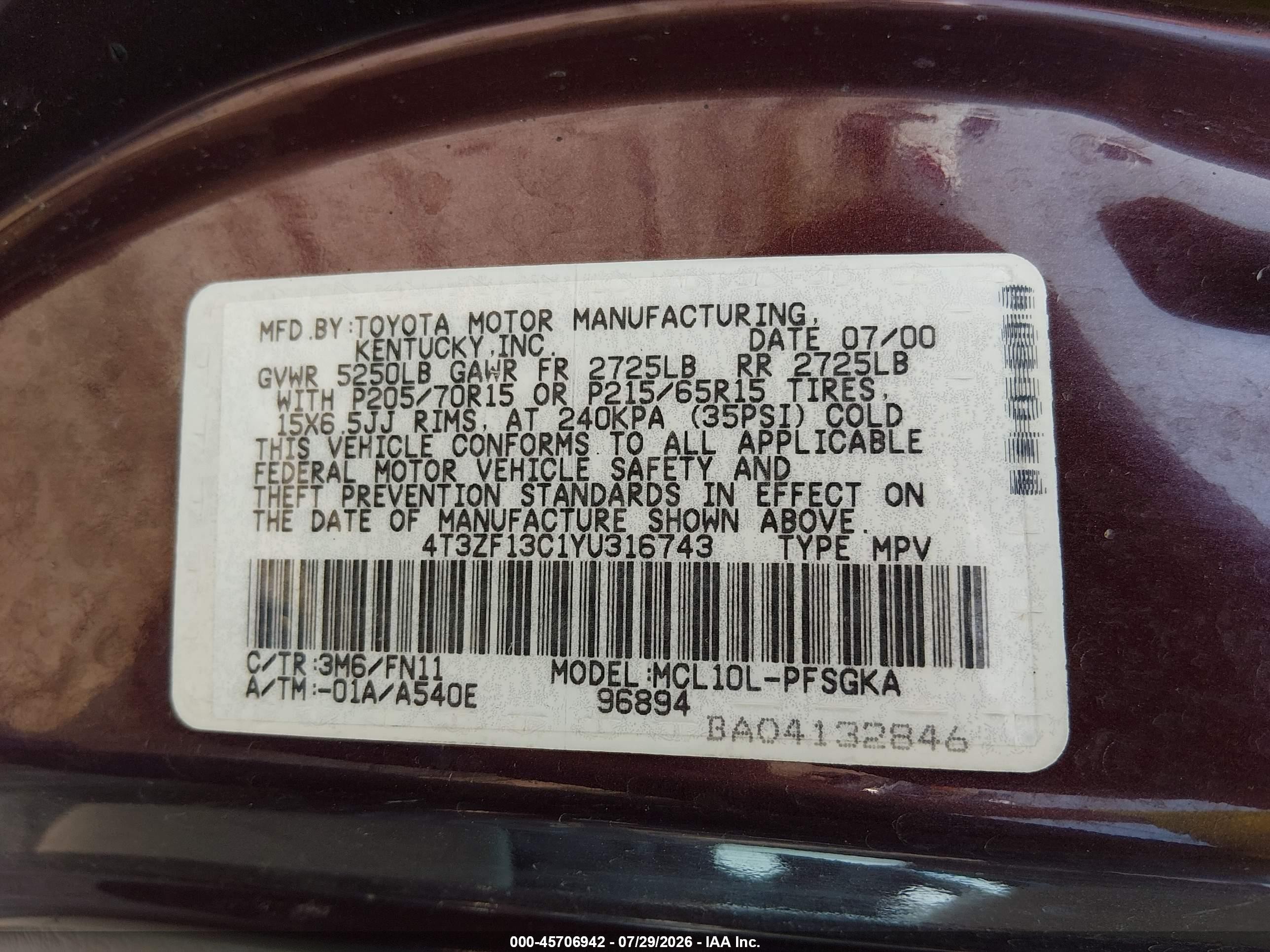 2000 Toyota Sienna Le Red vin: 4T3ZF13C1YU316743