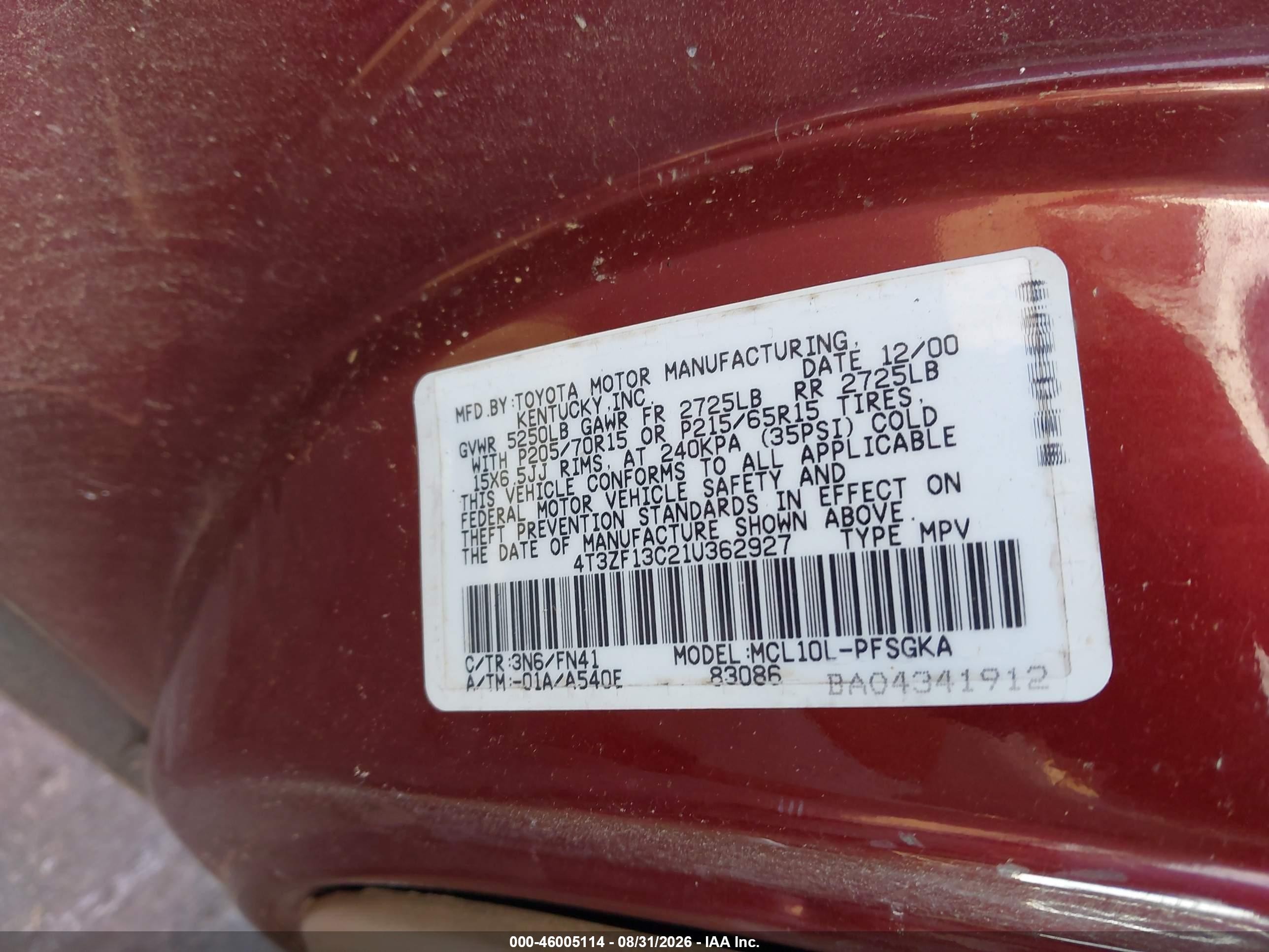2001 Toyota Sienna Le Burgundy vin: 4T3ZF13C21U362927