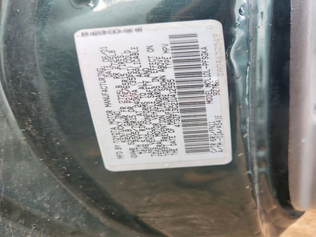 2001 Toyota Sienna Le Зеленый vin: 4T3ZF13C21U412595