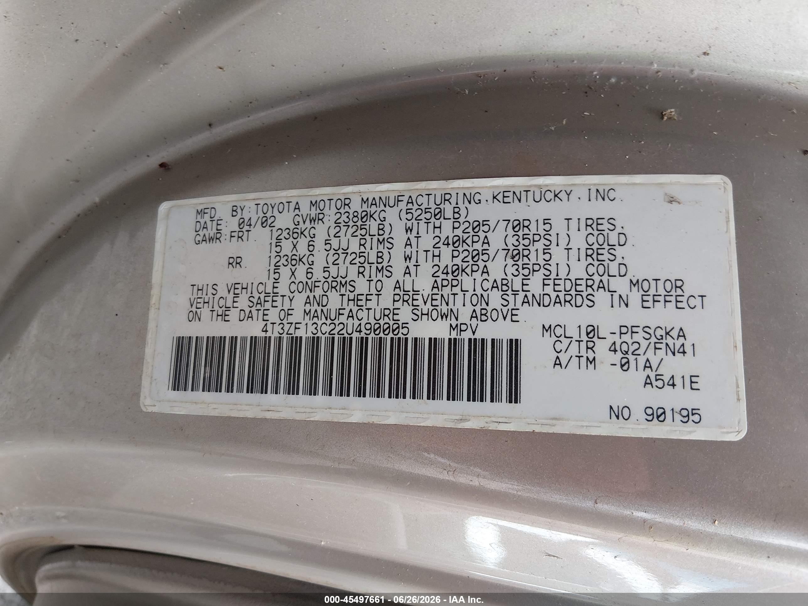 2002 Toyota Sienna Le Gold vin: 4T3ZF13C22U490005