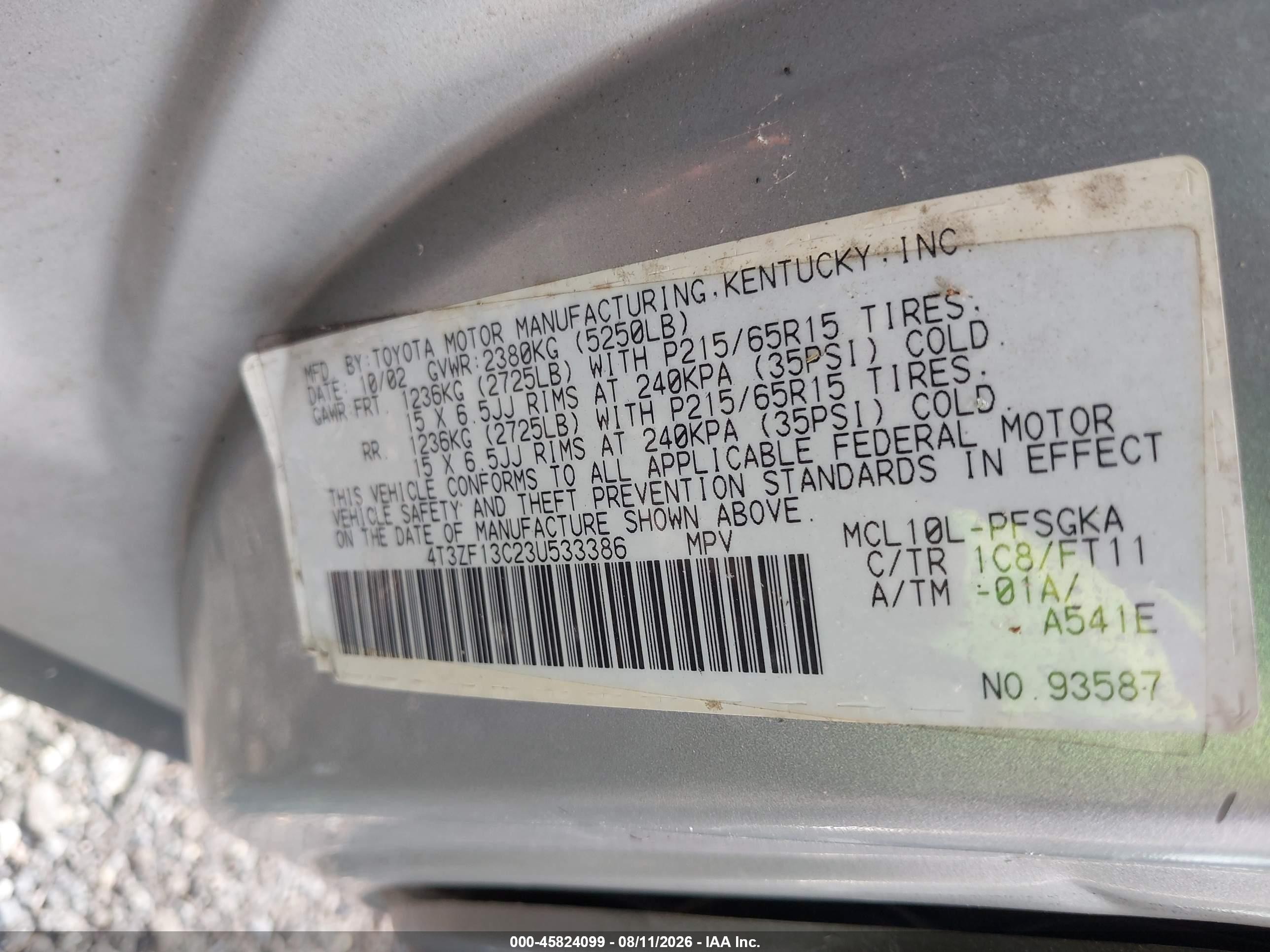 2003 Toyota Sienna Le Silver vin: 4T3ZF13C23U533386