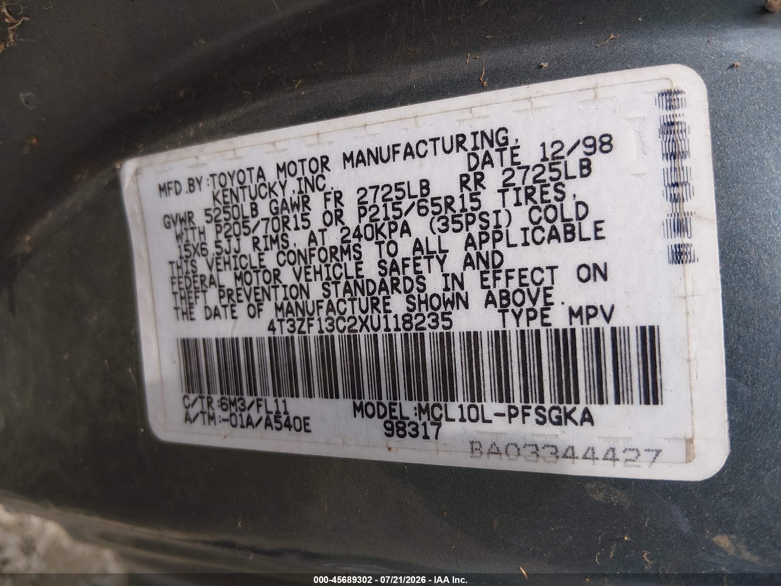 1999 Toyota Sienna Le Blue vin: 4T3ZF13C2XU118235