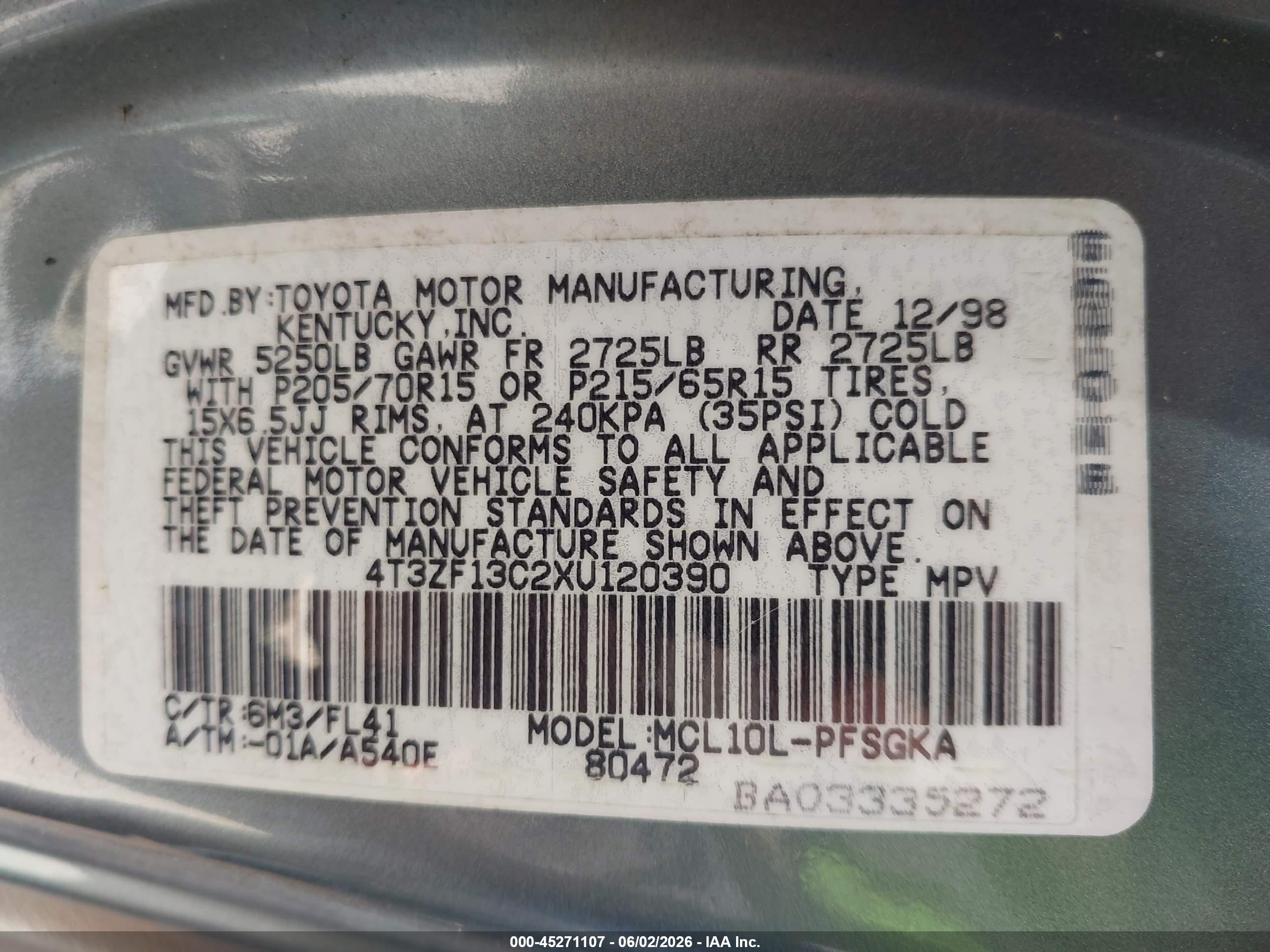 1999 Toyota Sienna Le Зеленый vin: 4T3ZF13C2XU120390
