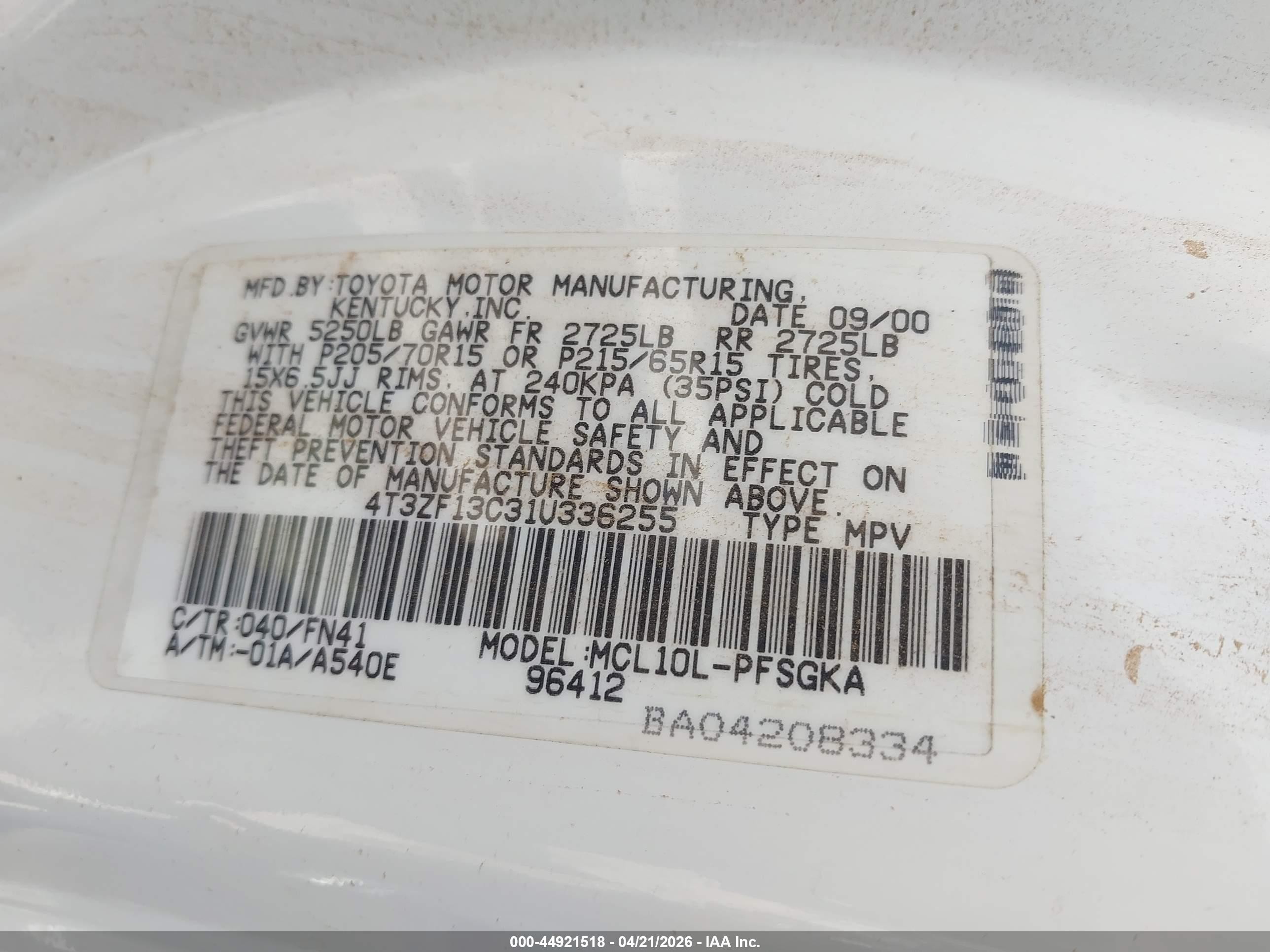2001 Toyota Sienna Le White vin: 4T3ZF13C31U336255