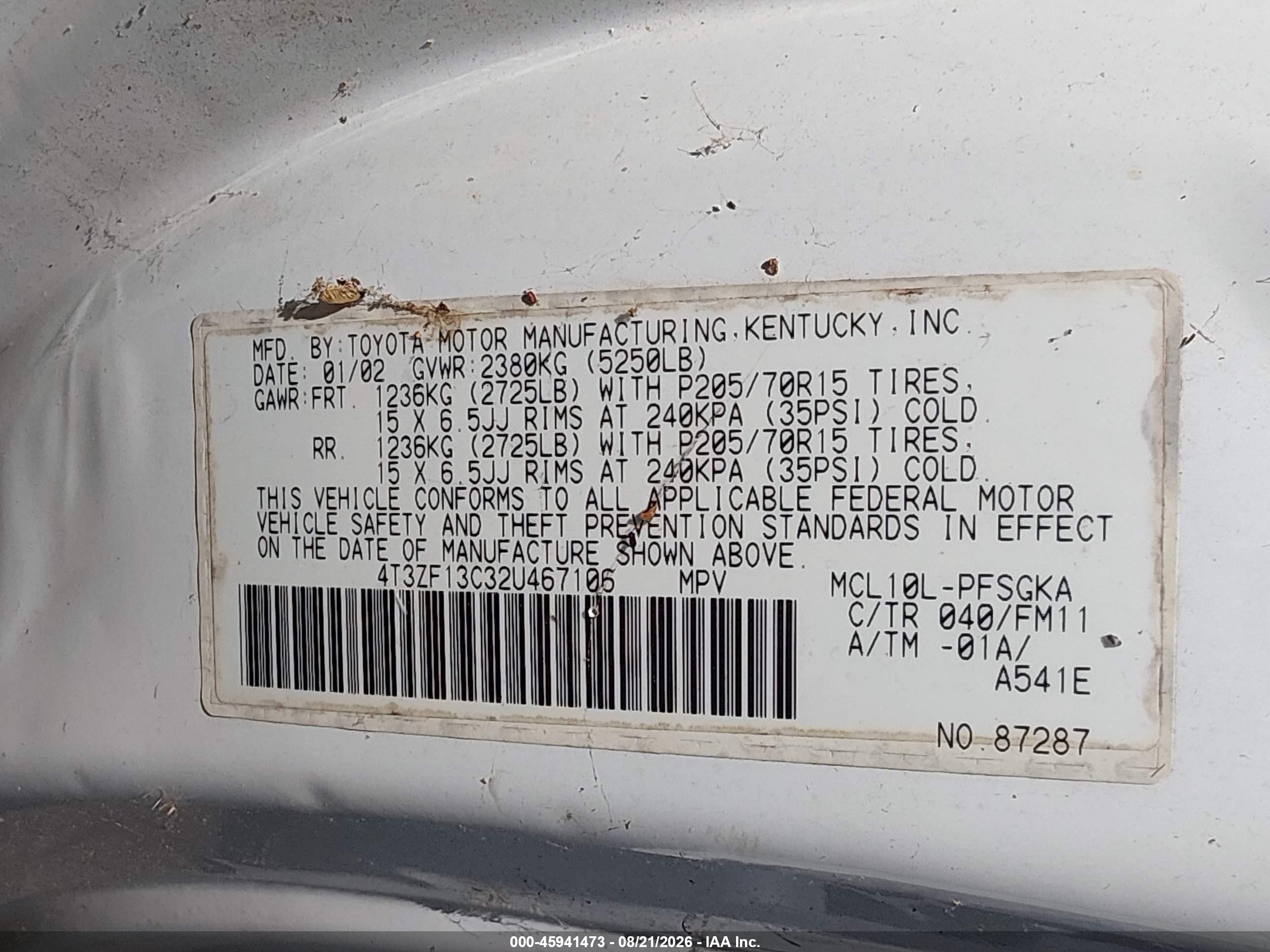 2002 Toyota Sienna Le White vin: 4T3ZF13C32U467106