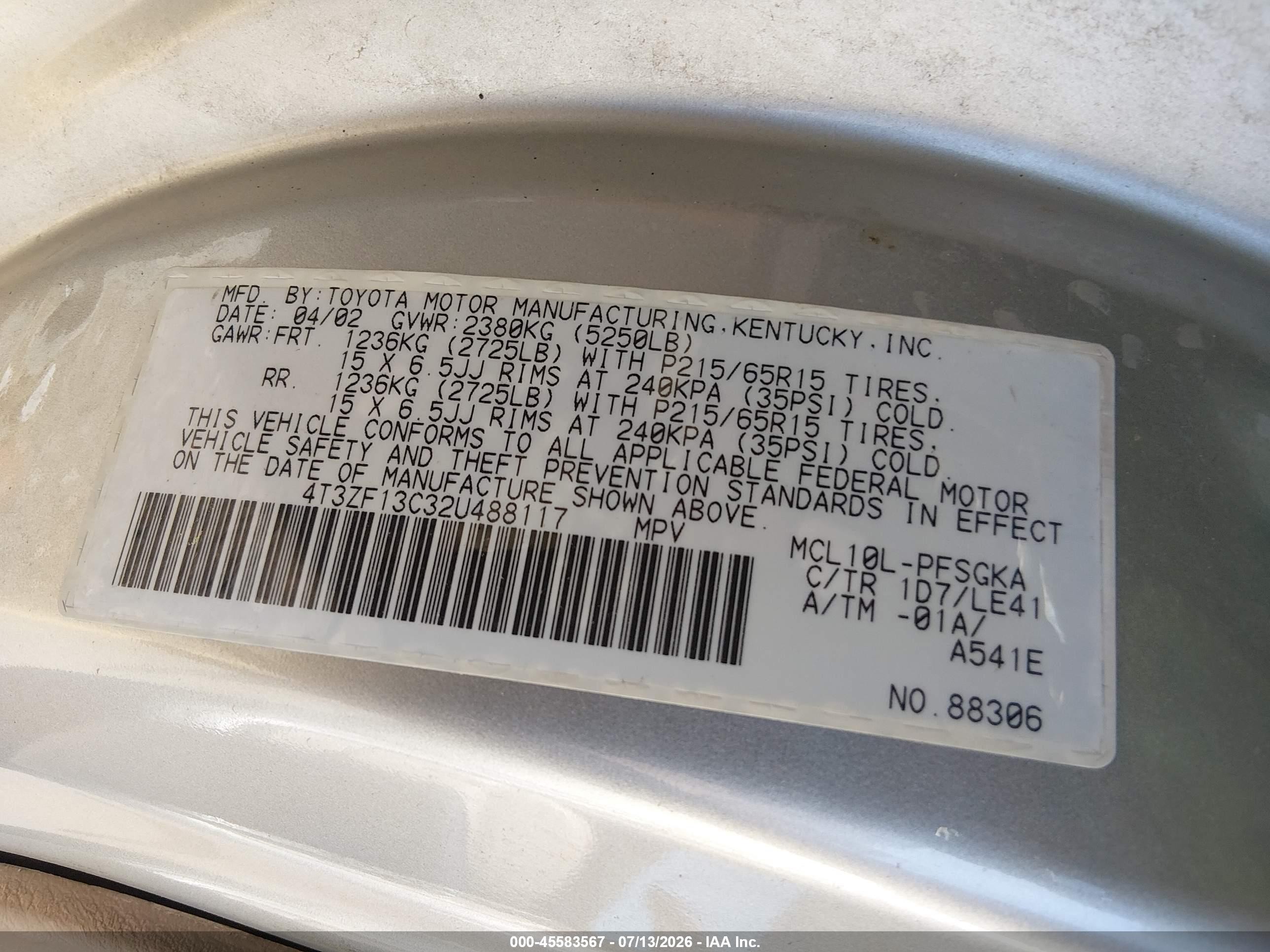 2002 Toyota Sienna Xle Silver vin: 4T3ZF13C32U488117